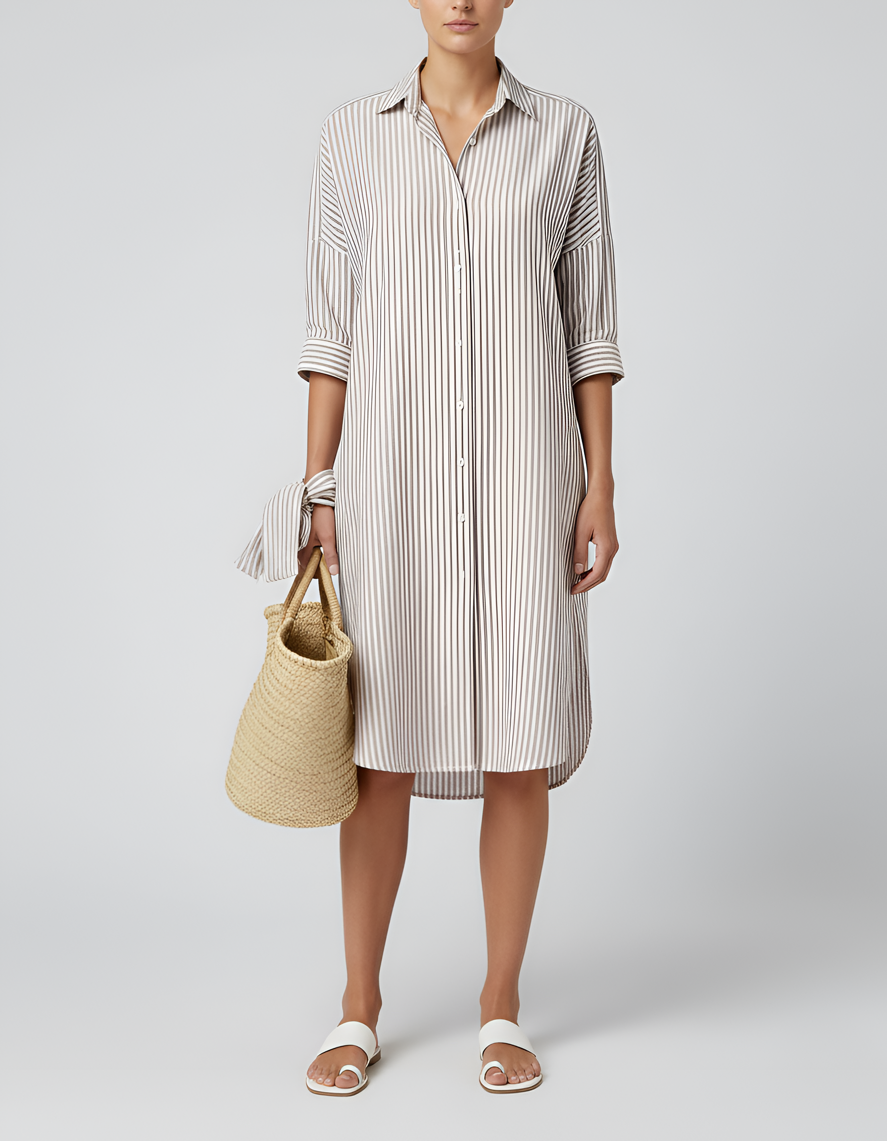 Robe chemise rayée en coton pour femme, manches longues, boutonnée, longueur midi