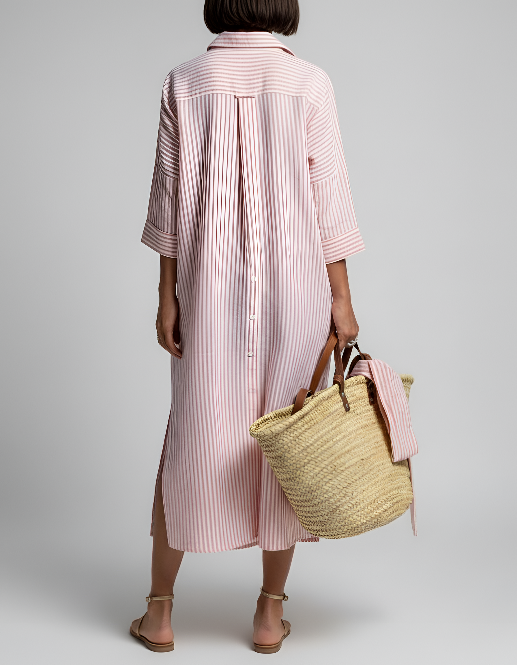 Robe chemise rayée en coton pour femme, manches longues, boutonnée, longueur midi