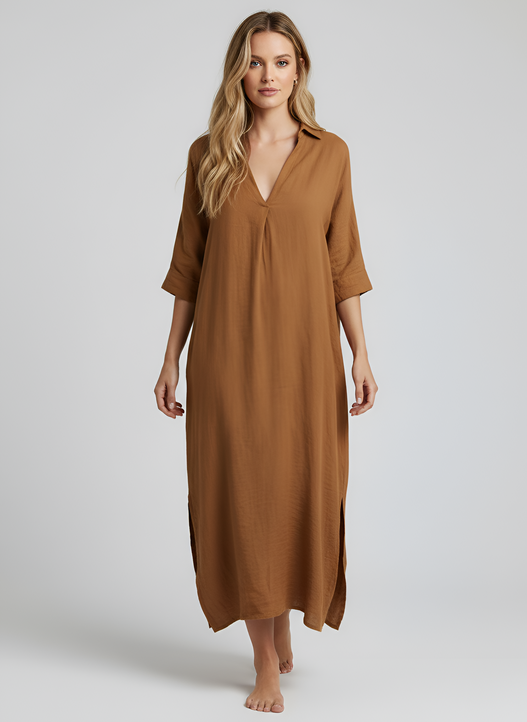 Vestido largo de verano casual para mujer, de algodón y lino, corte suelto, escote en V