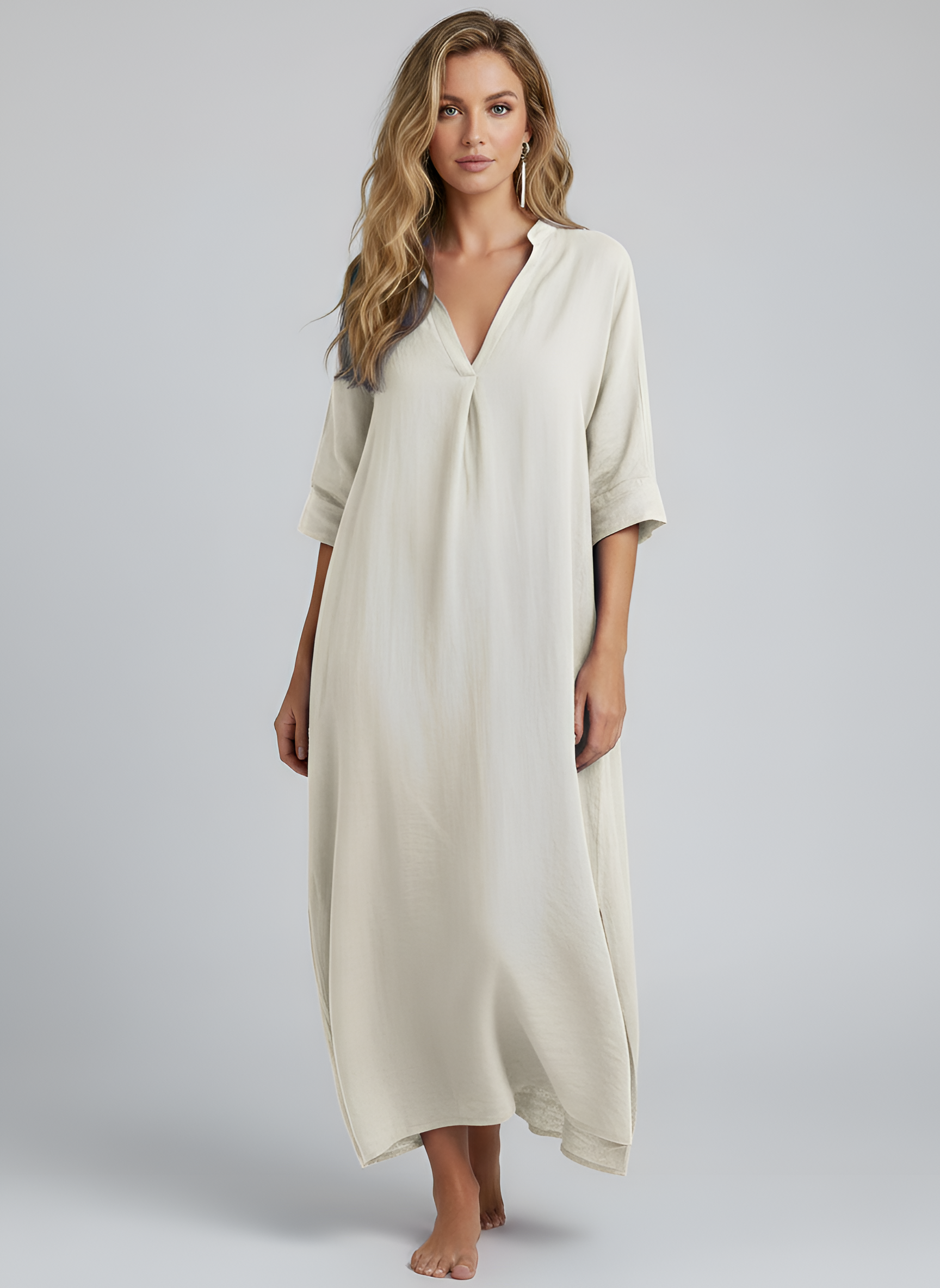 Vestido largo de verano casual para mujer, de algodón y lino, corte suelto, escote en V