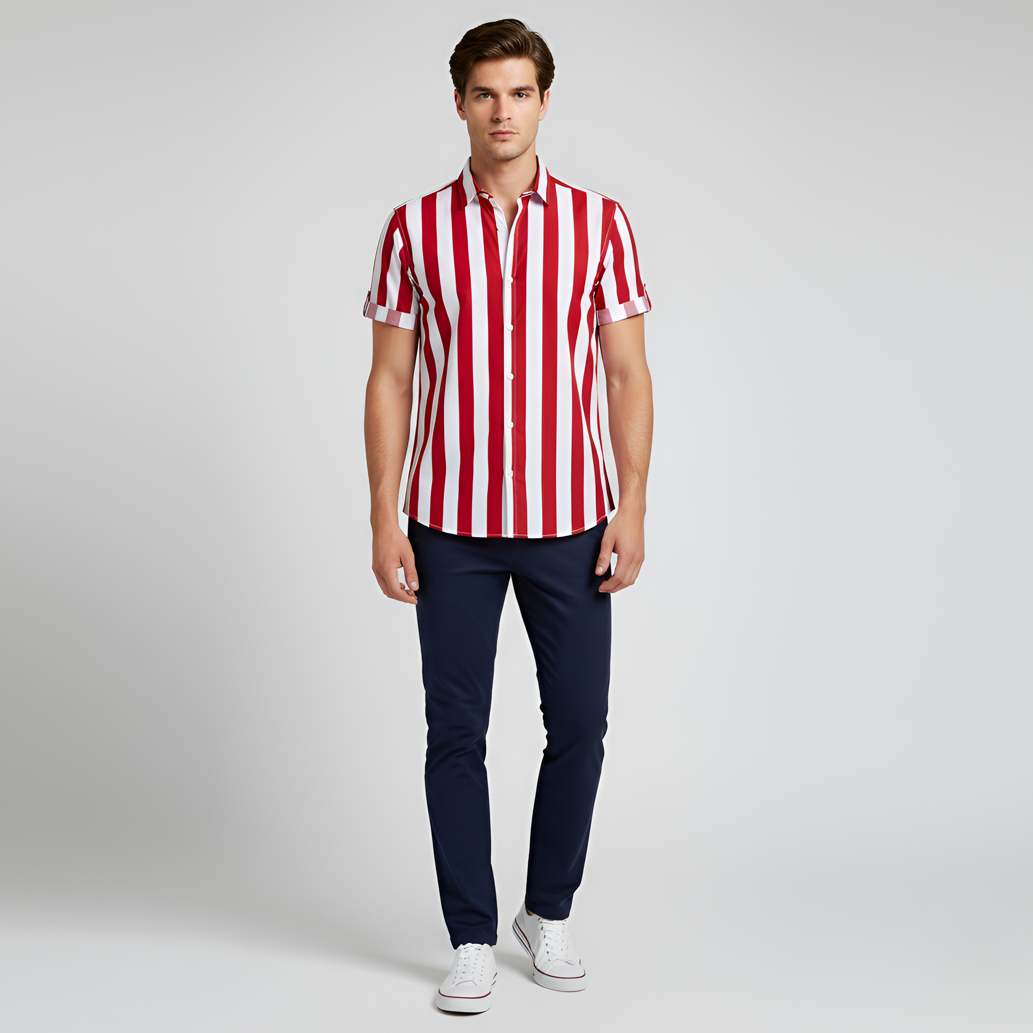 Camisa de hombre a rayas de manga corta con botones, camisa ligera casual de verano