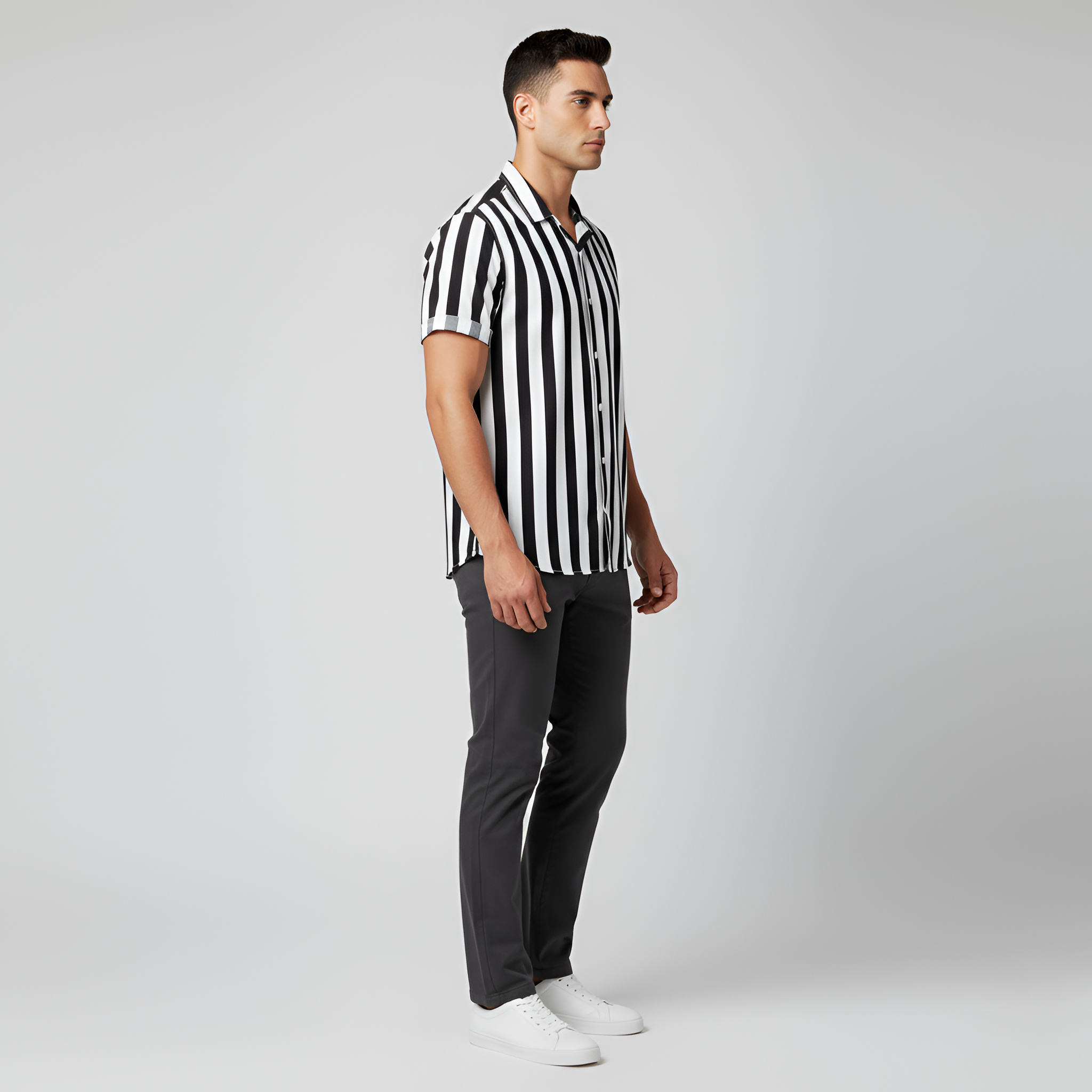 Camisa de hombre a rayas de manga corta con botones, camisa ligera casual de verano