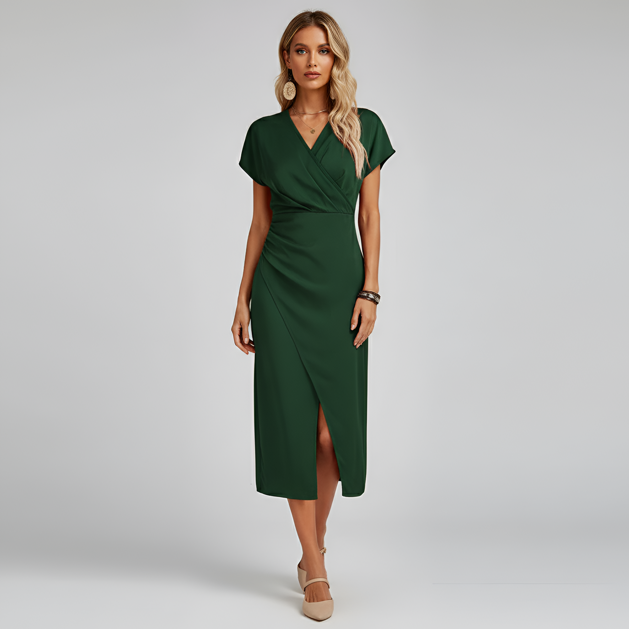 Rochie midi înfășurată pentru femei, cu decolteu în V, mâneci scurte, elegantă, pentru petrecere și seară