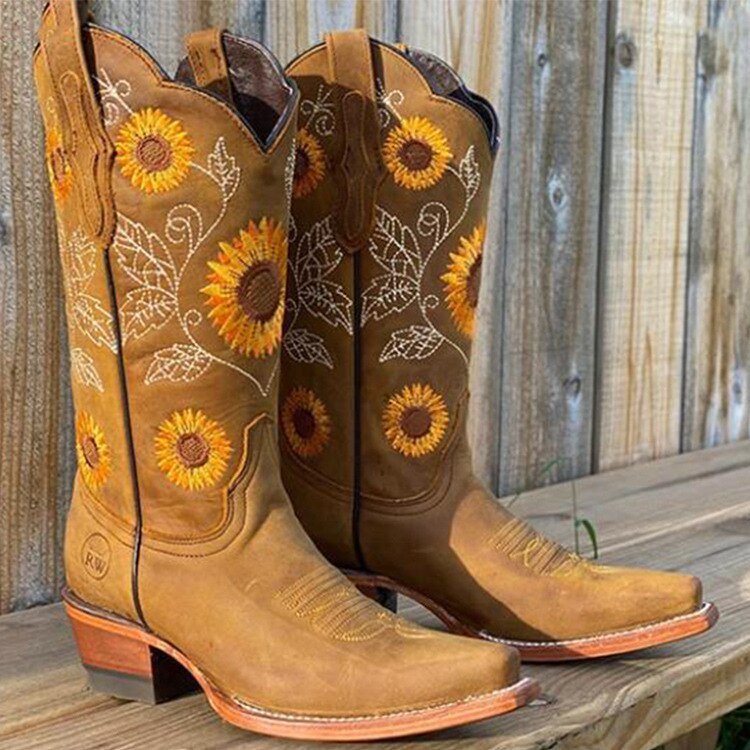 Women’s Embroidered Cowboy Boots | Western Elegance with Sunflower Detail