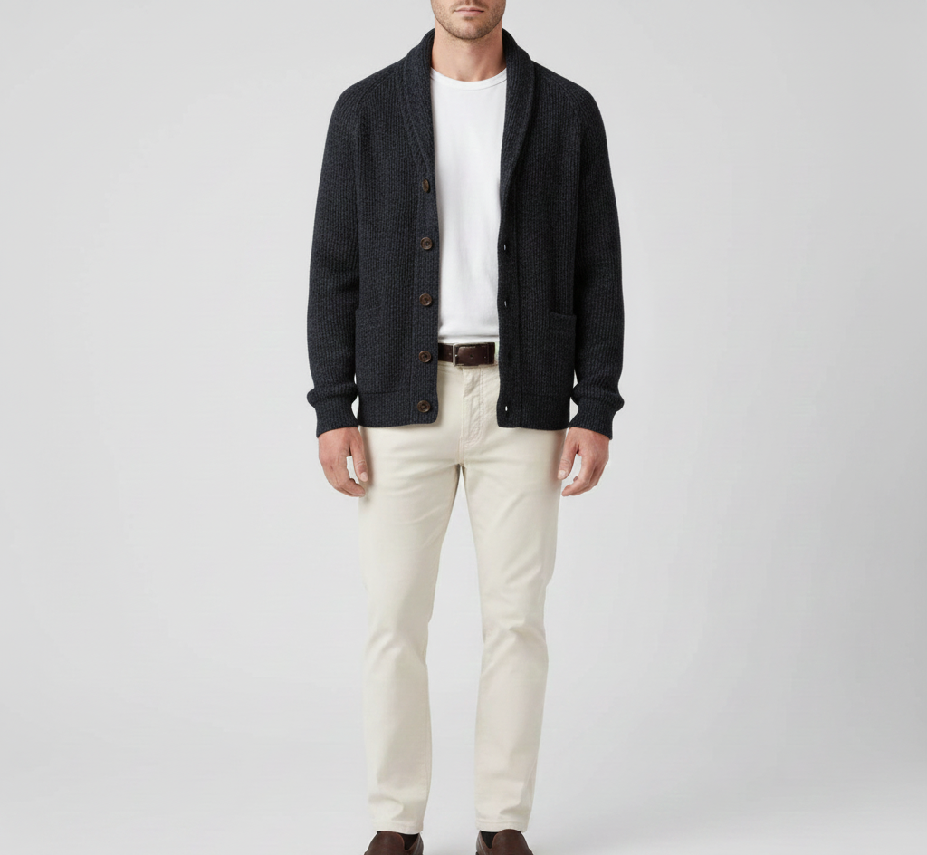 By Assuli Men’s Knit Cardigan Wool Blend Shawl Collar Button-Up Sweater