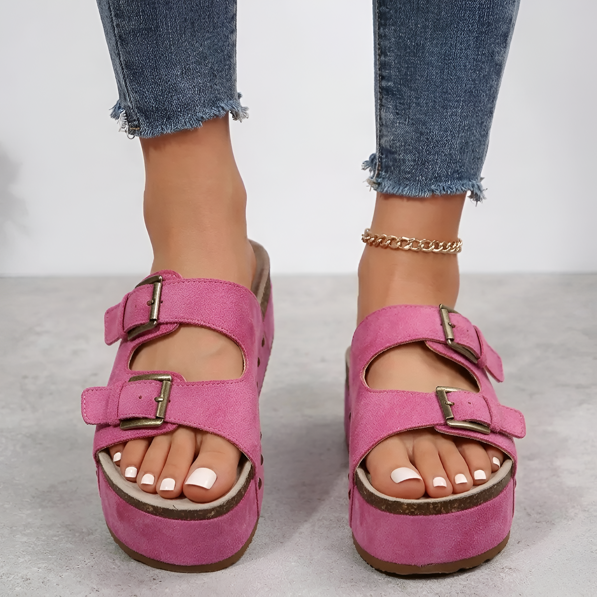 Sandalias de Plataforma para Mujer con Doble Hebilla y Plantilla de Corcho