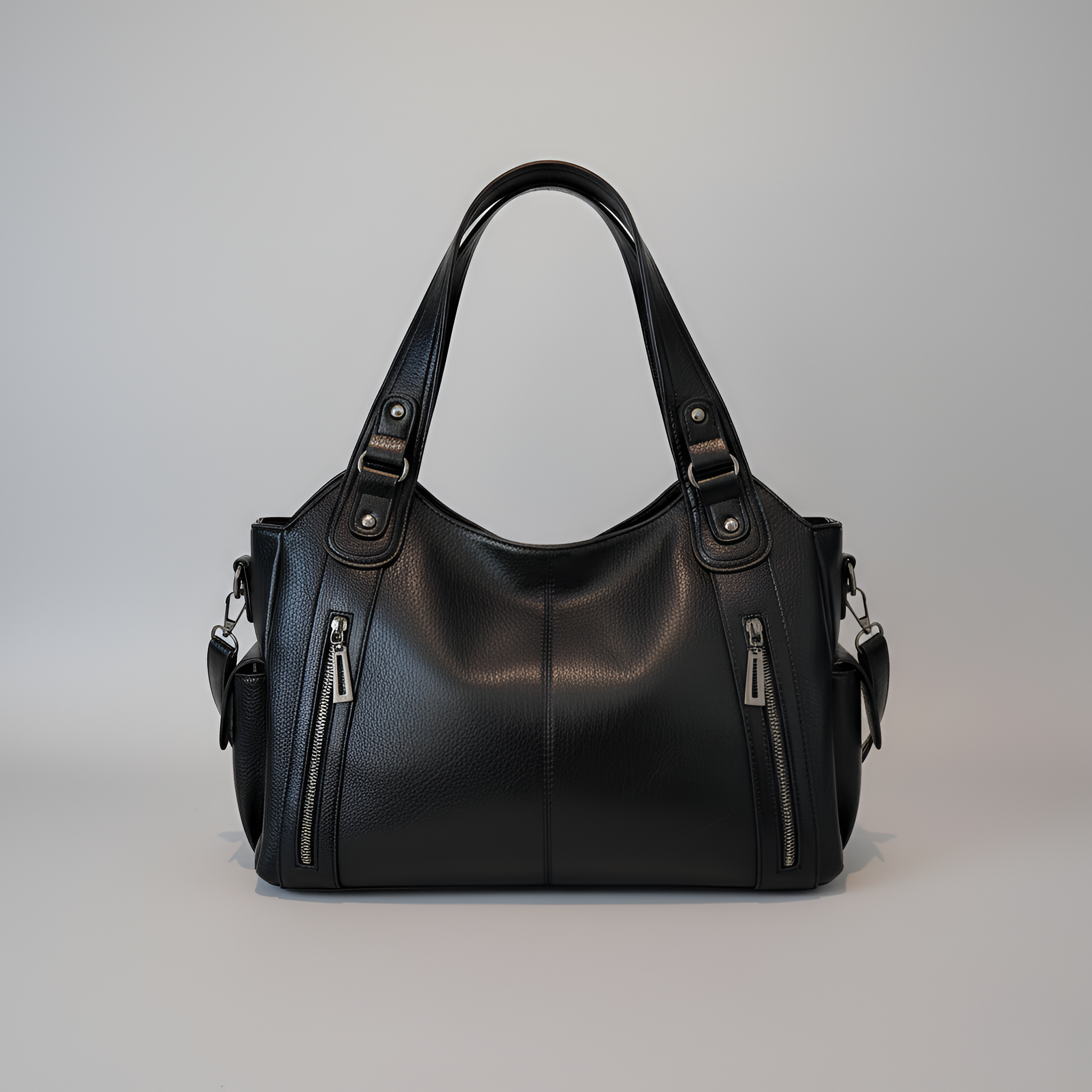 Sac fourre-tout pour femme en cuir véritable avec poches à fermeture éclair et bandoulière