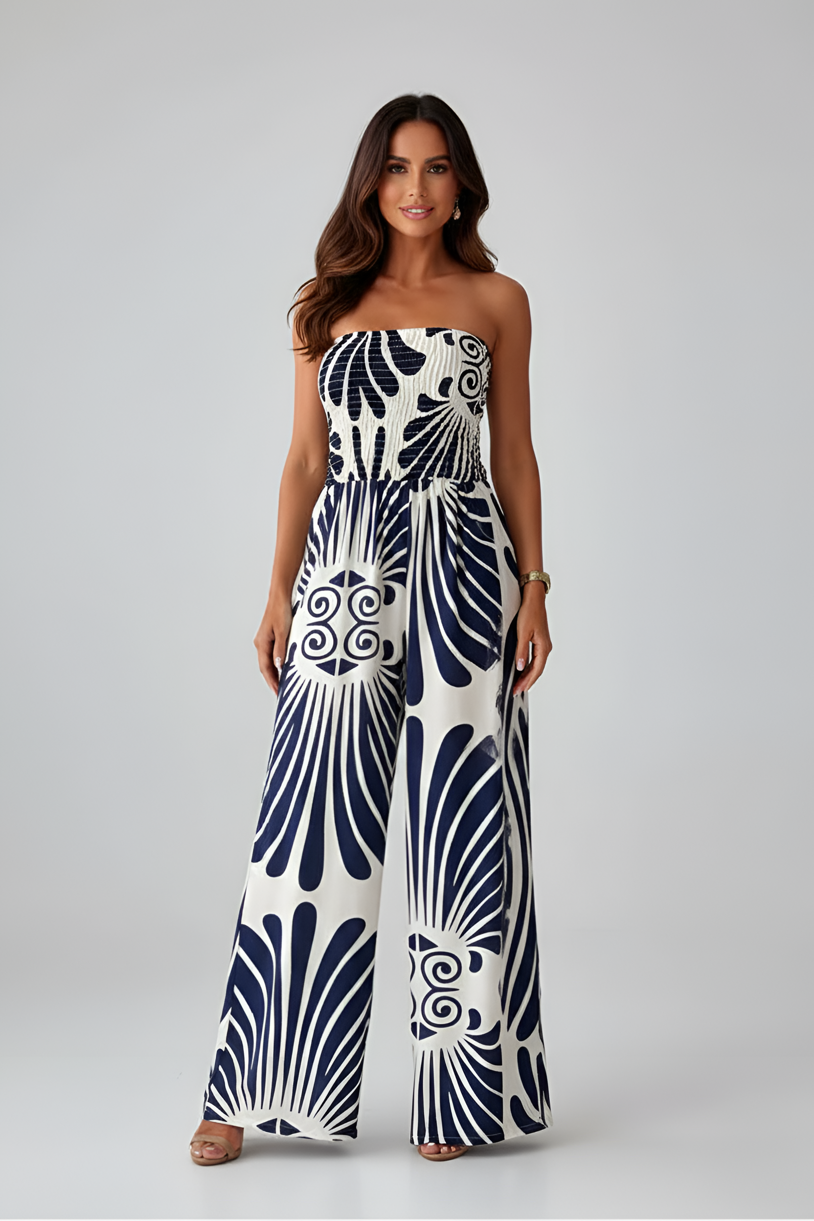 Women’s Strapless Wide Leg Jumpsuit with Smocked Bodice and Print