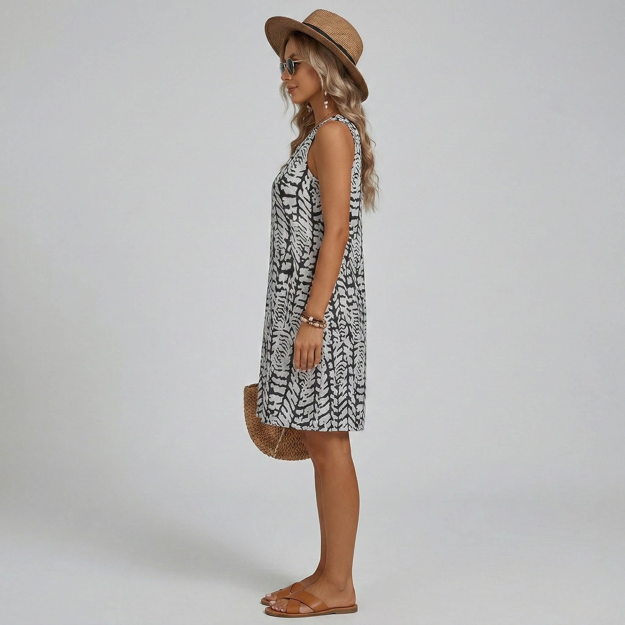 Dámské letní šaty bez rukávů s potiskem, kulatý výstřih, volnočasové áčkové mini šaty