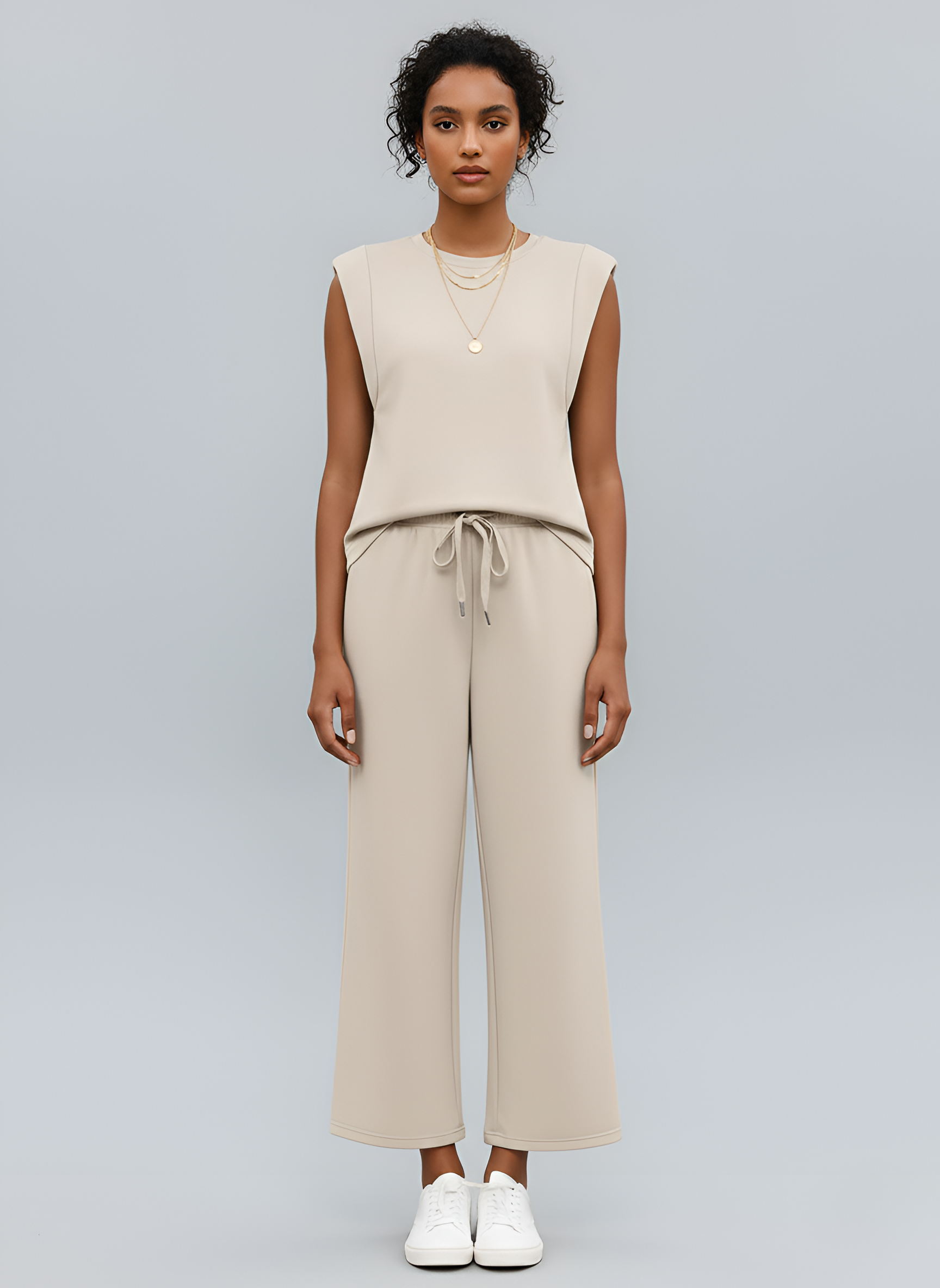 Ensemble détente deux pièces pour femme : haut sans manches et pantalon large