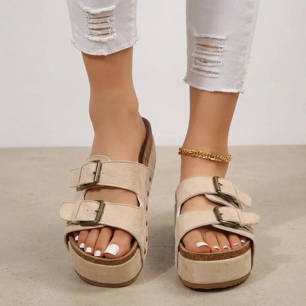 Sandalias de Plataforma para Mujer con Doble Hebilla y Plantilla de Corcho