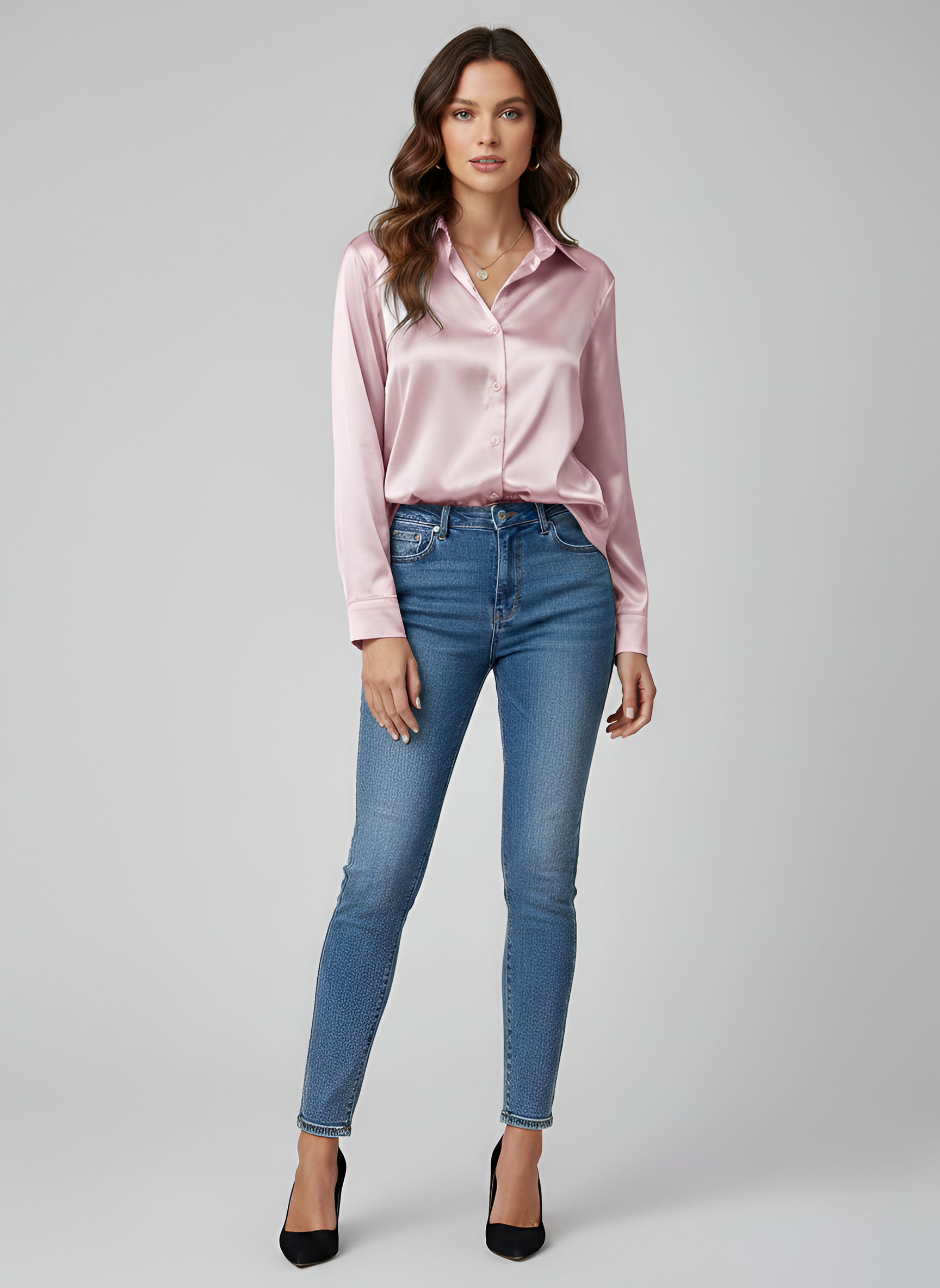 Women’s Satin Tie Front Blouse Long Sleeve Button Up Shirt