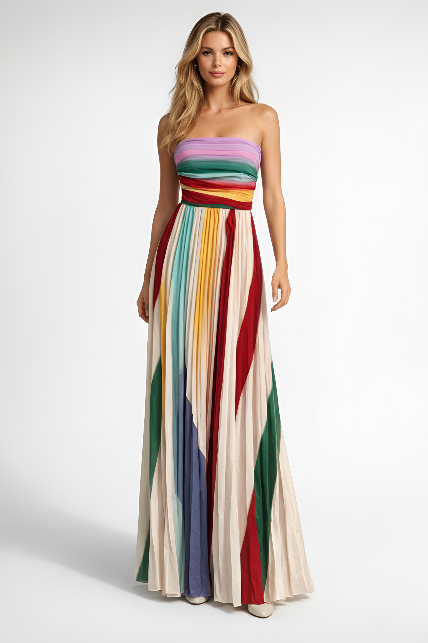 Rochie lungă plisată fără bretele pentru femei cu model imprimat