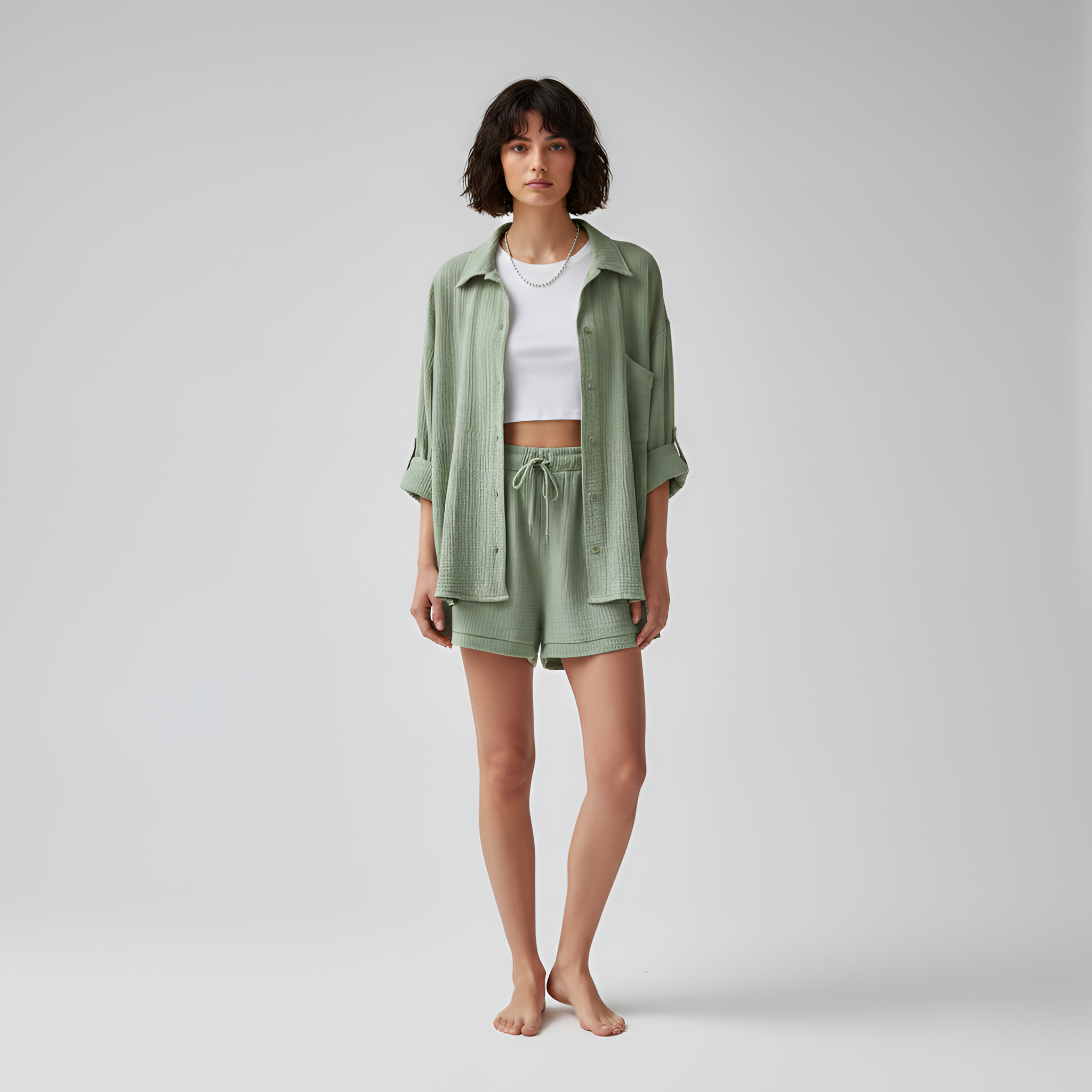 Women’s Cotton Shorts Set with Button Down Shirt and Drawstring Waist