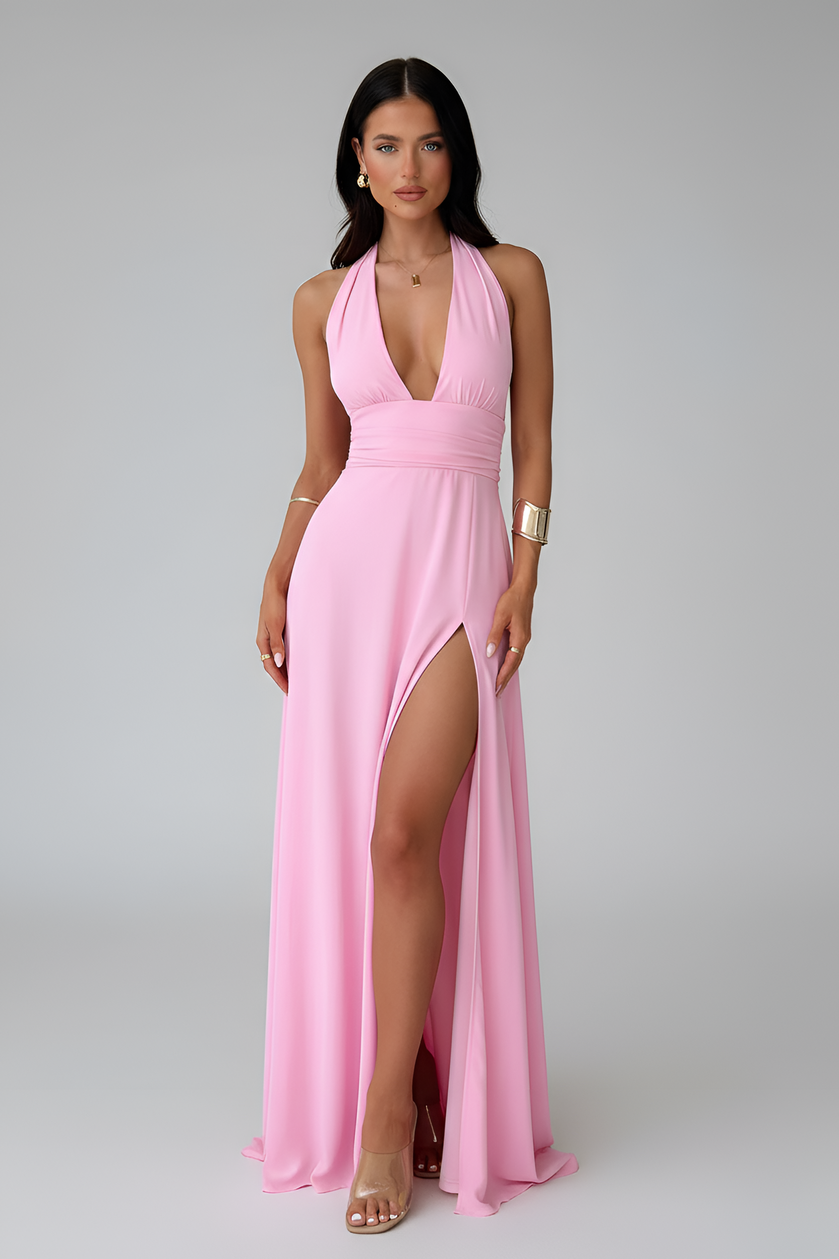 Women’s Halter Neck Maxi Dress with High Slit Evening Gown