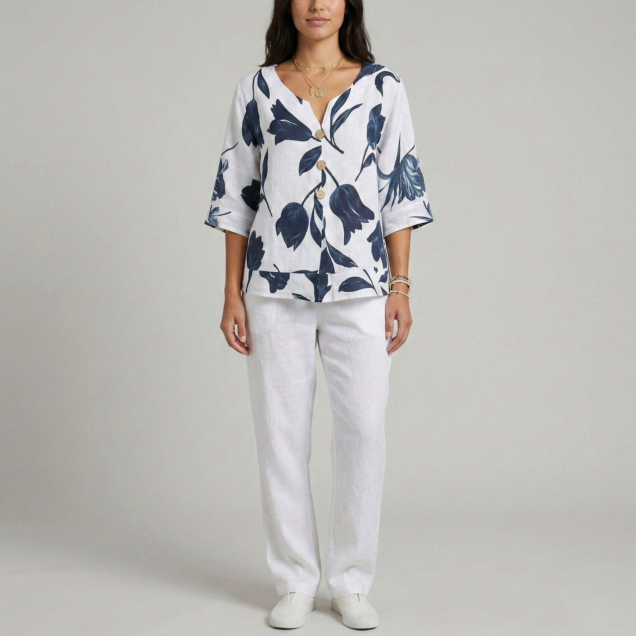 Women’s Cotton Linen Floral Print Blouse V-Neck Button Front Loose Fit Top