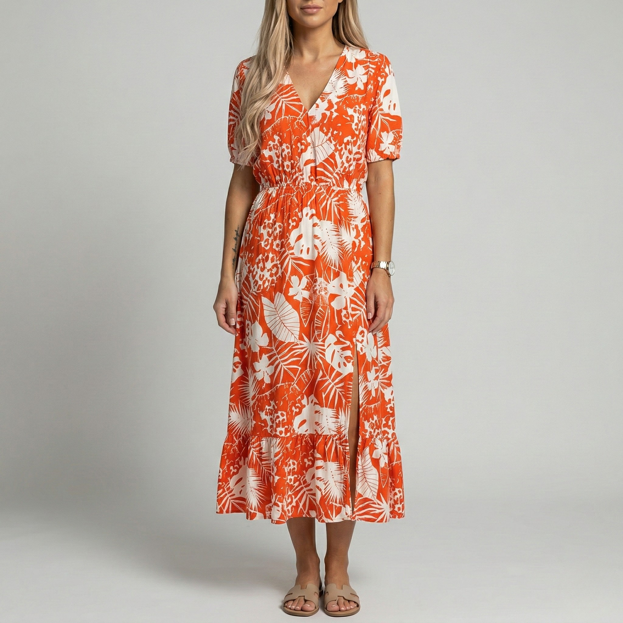 Robe midi d'été pour femmes avec imprimé floral et col en V