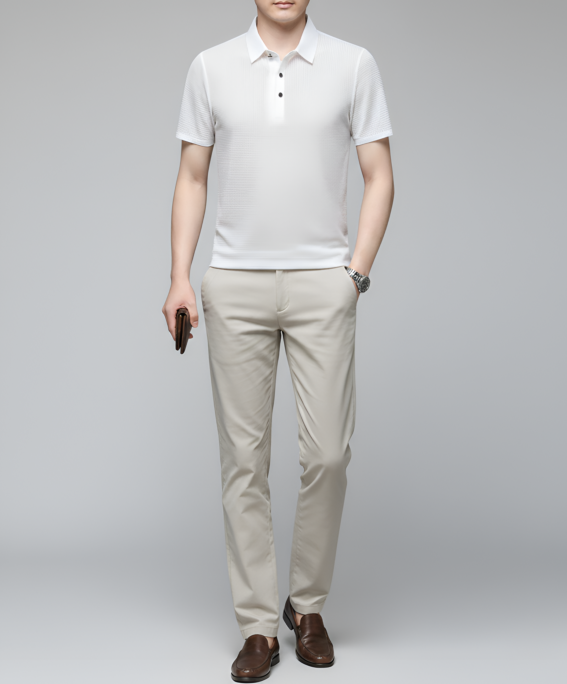 Camiseta tipo polo de punto texturizado para hombre, manga corta, mezcla de algodón, informal y elegante