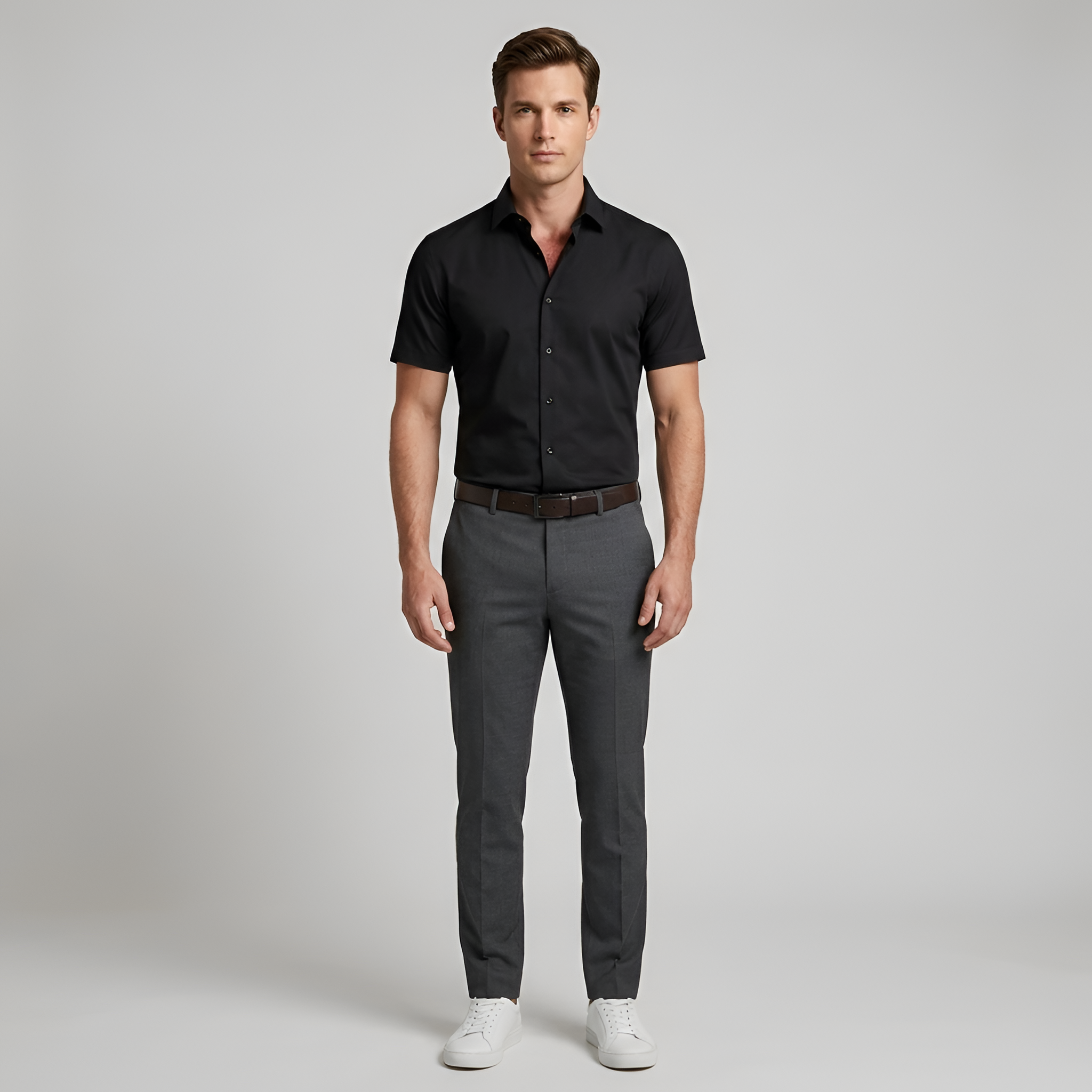 Chemise habillée en coton pour homme, coupe ajustée, manches courtes, à boutons