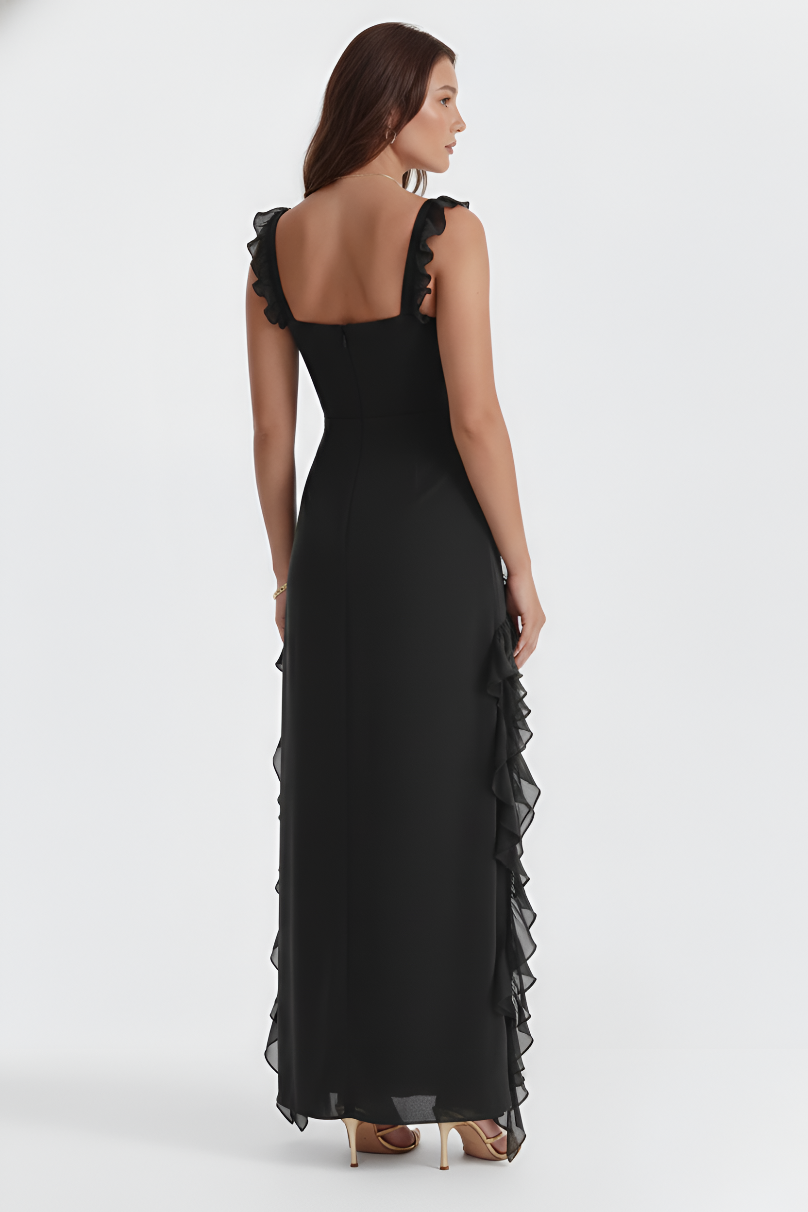 Γυναικείο Μακρύ Φόρεμα με Βολάν και Άνοιγμα, Αμάνικο Βραδινό Φόρεμα από Σιφόν