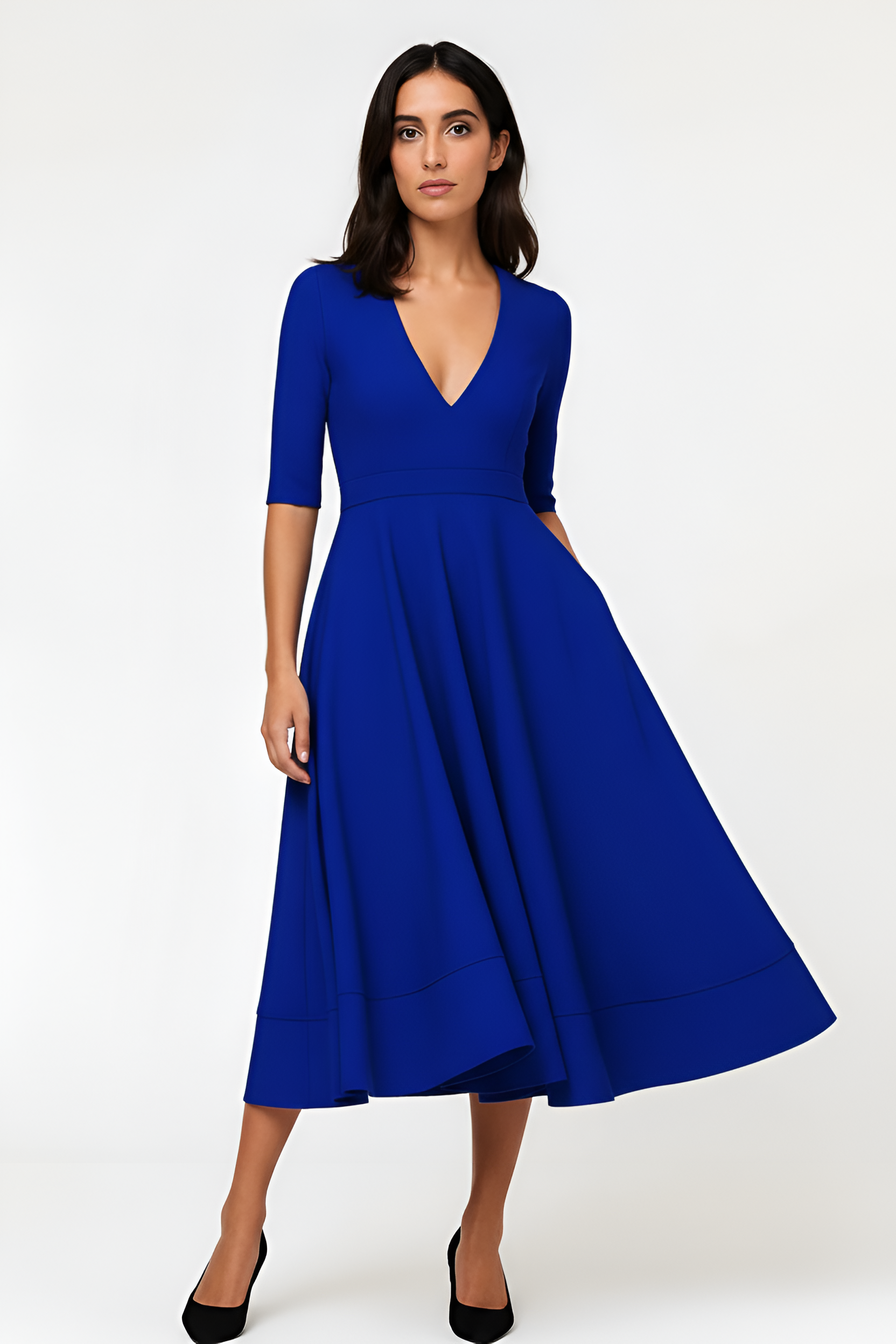 Γυναικείο φόρεμα με λαιμόκοψη σε σχήμα V, μεσαίο μήκος και μανίκια τριών τετάρτων