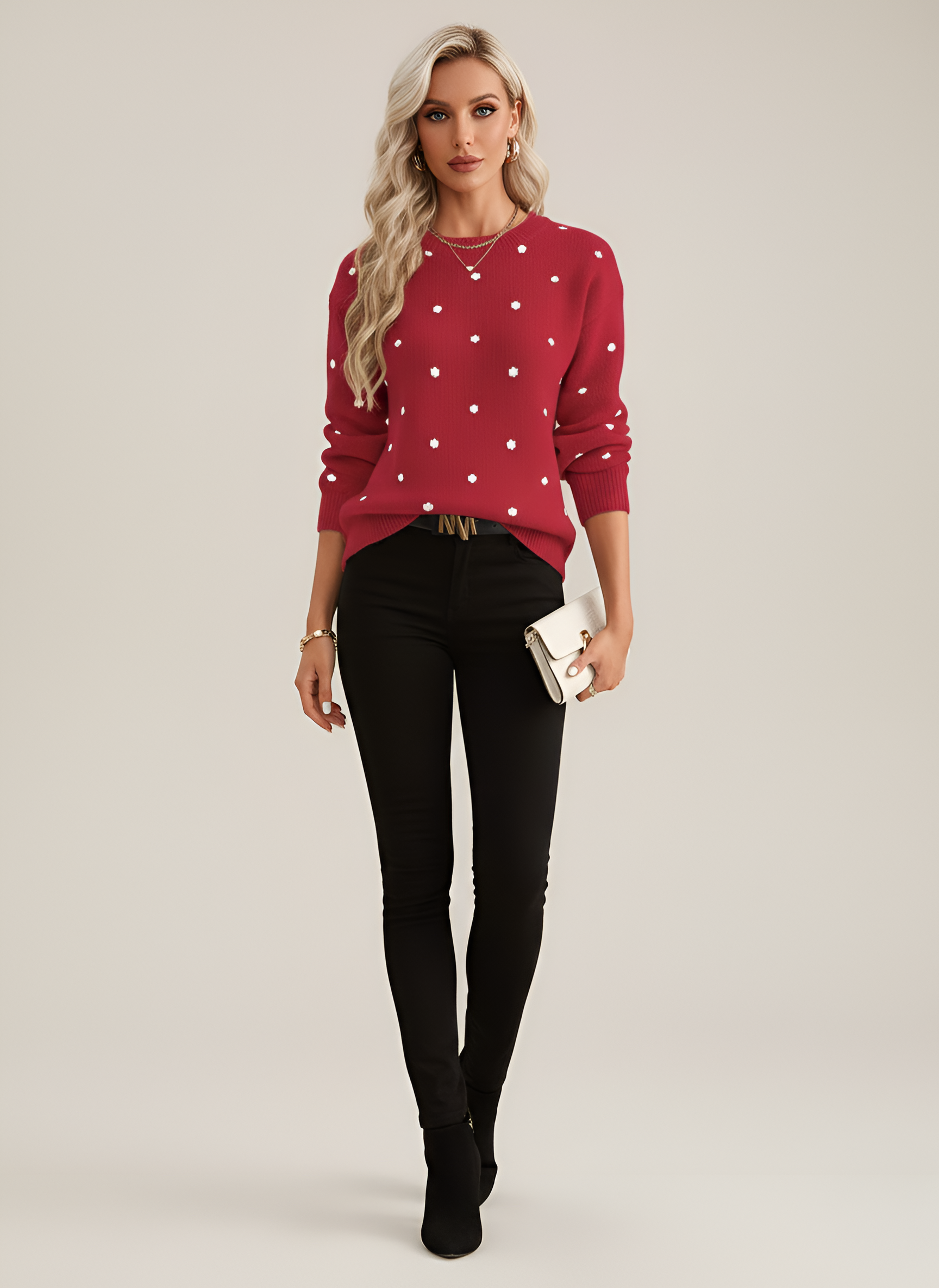 Dámský pletený svetr By Assuli s puntíkovaným vzorem a kulatým výstřihem