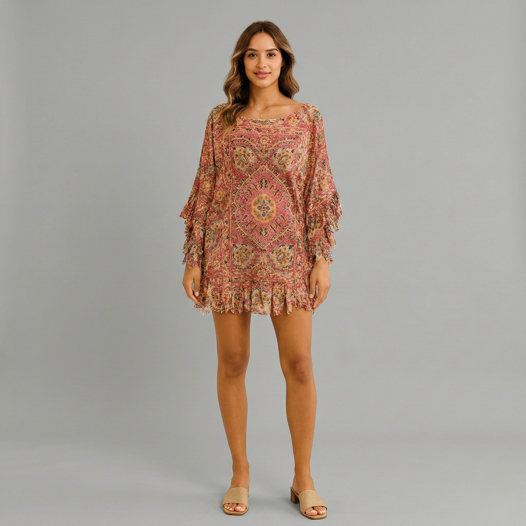 Robe courte bohème imprimée pour femme, manches longues, ourlet à volants, tunique décontractée