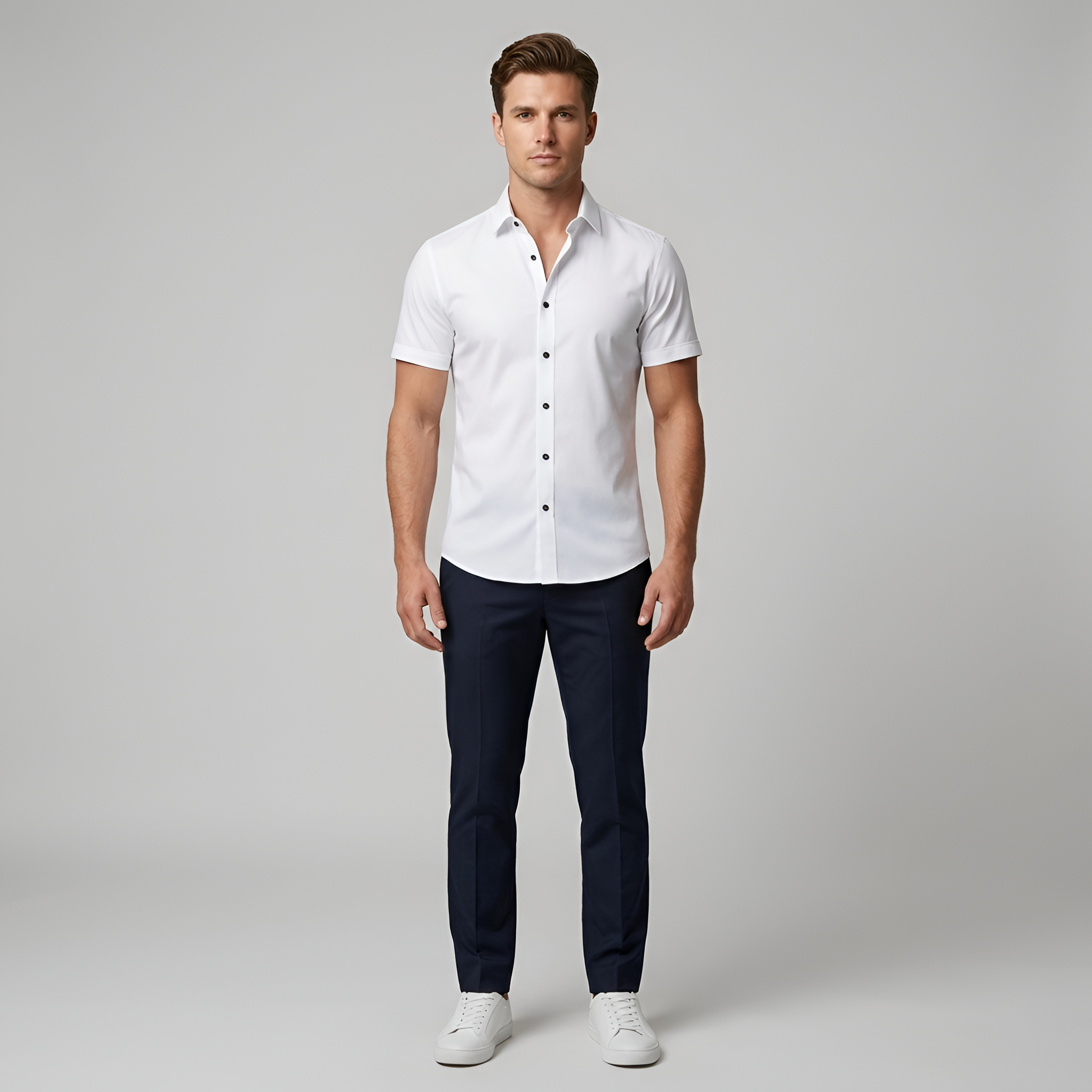Chemise habillée en coton pour homme, coupe ajustée, manches courtes, à boutons