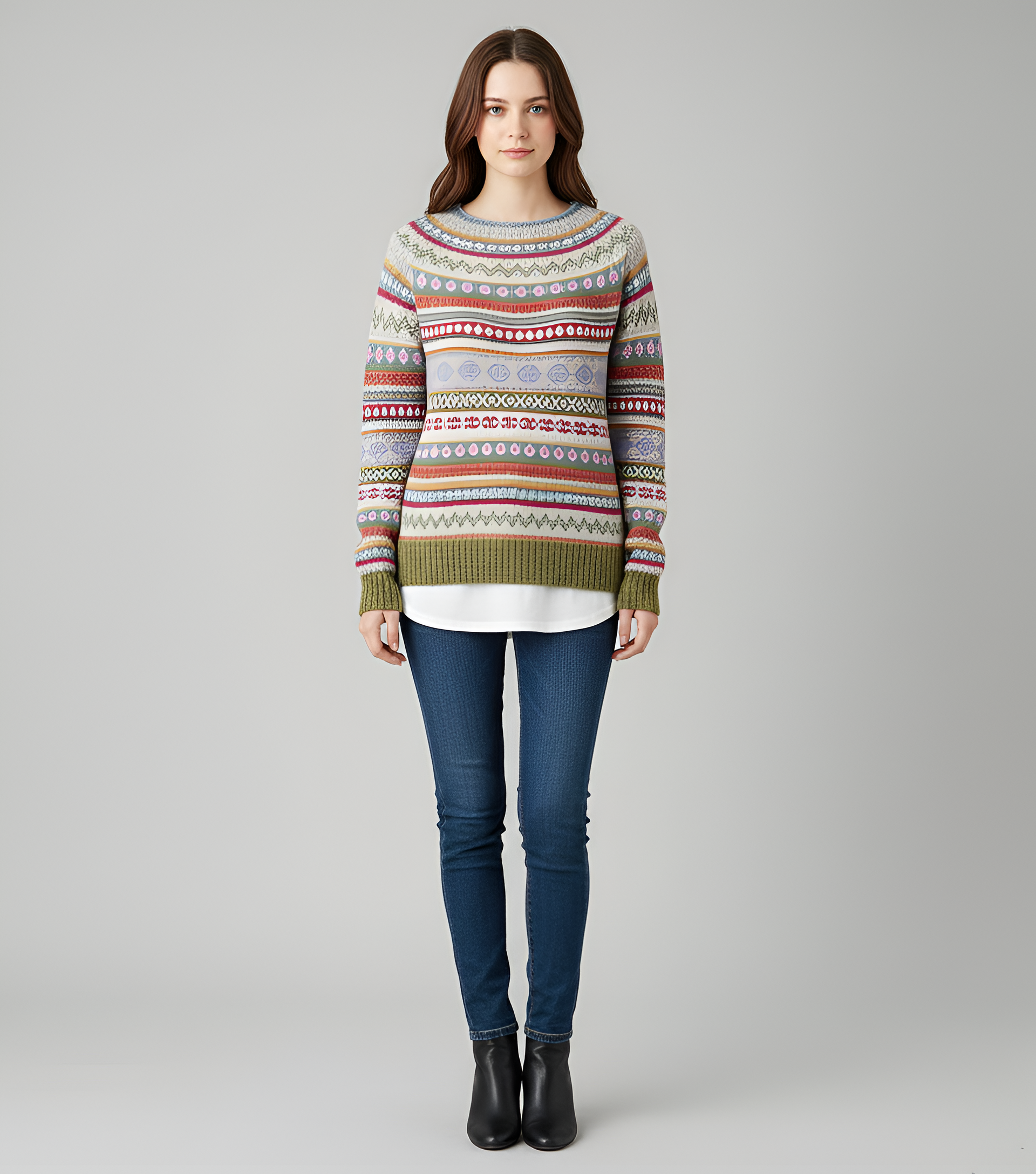 Suéter de punto con mezcla de lana para mujer, diseño Fair Isle, cuello redondo y mangas largas