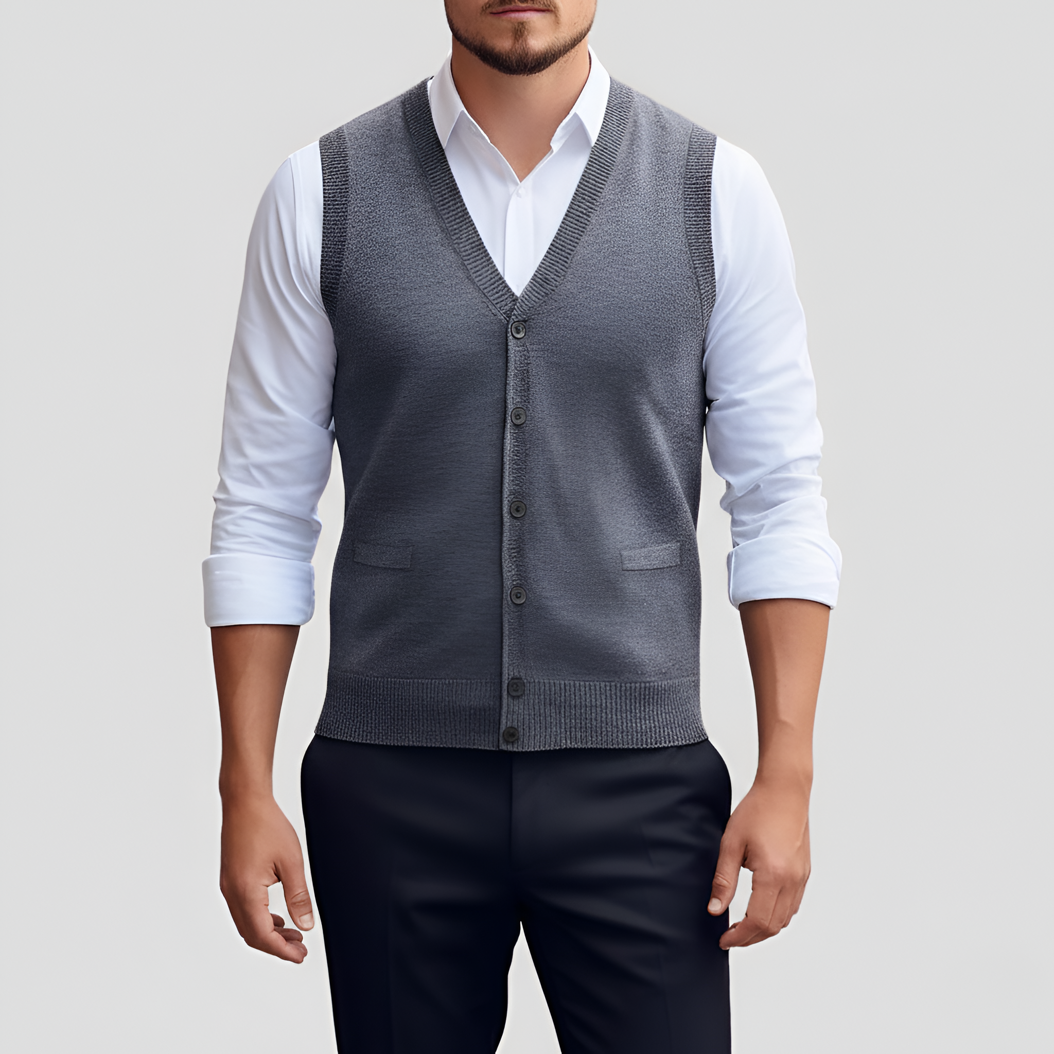 Pánská pletená vesta s výstřihem do V a knoflíky vpředu pro vrstvení