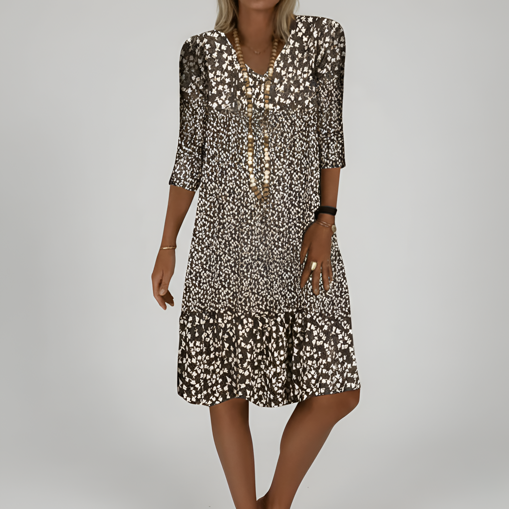 Robe midi à fleurs pour femmes avec manches trois-quarts et col en V