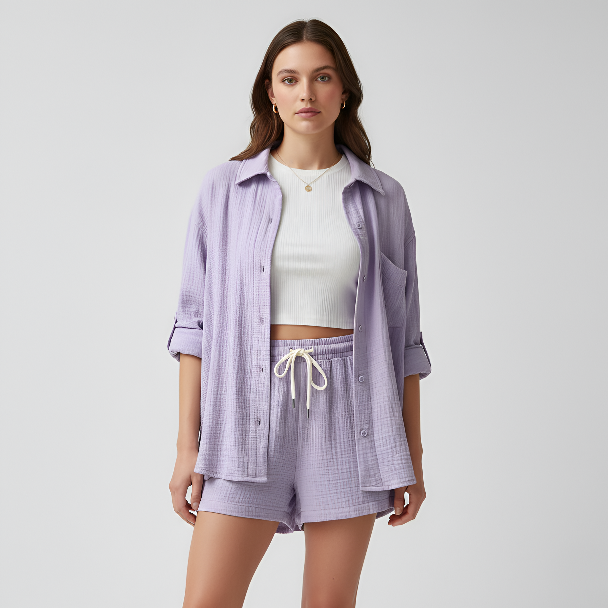Women’s Cotton Shorts Set with Button Down Shirt and Drawstring Waist