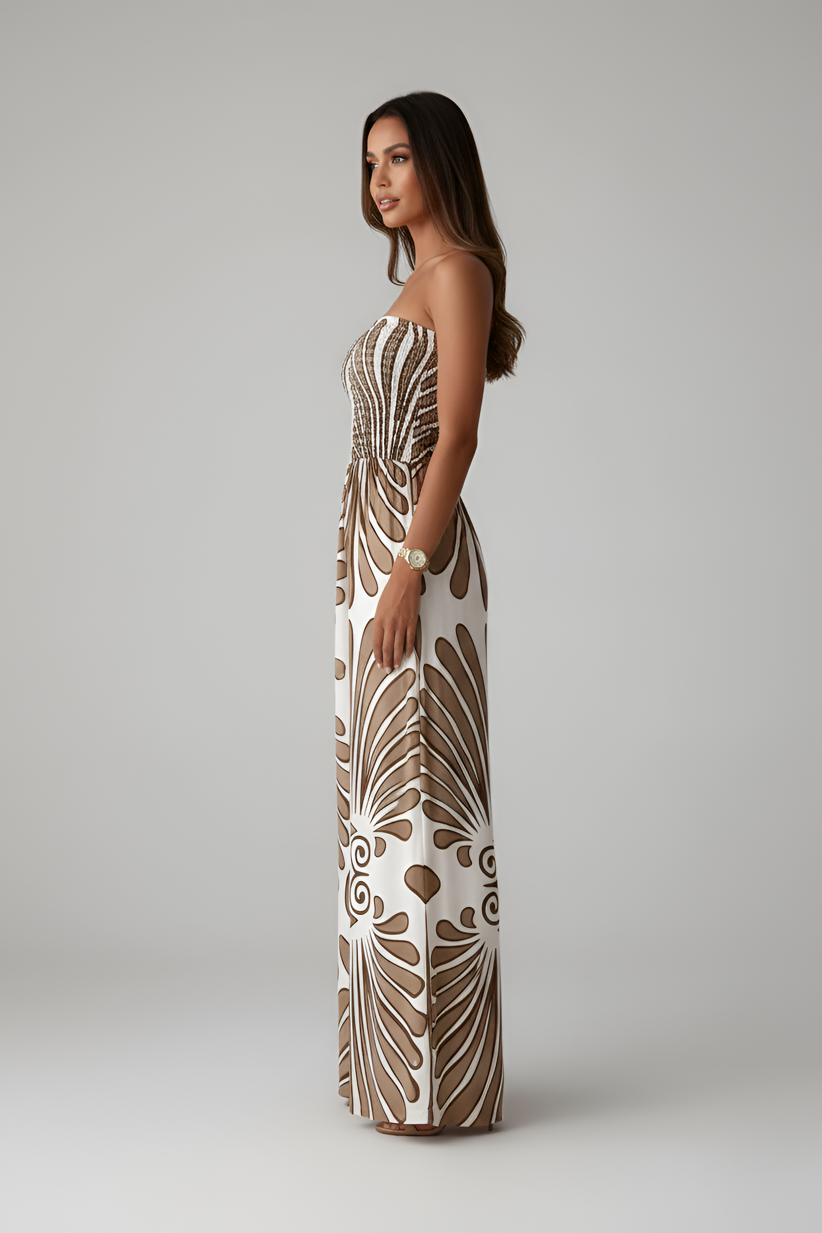 Women’s Strapless Wide Leg Jumpsuit with Smocked Bodice and Print