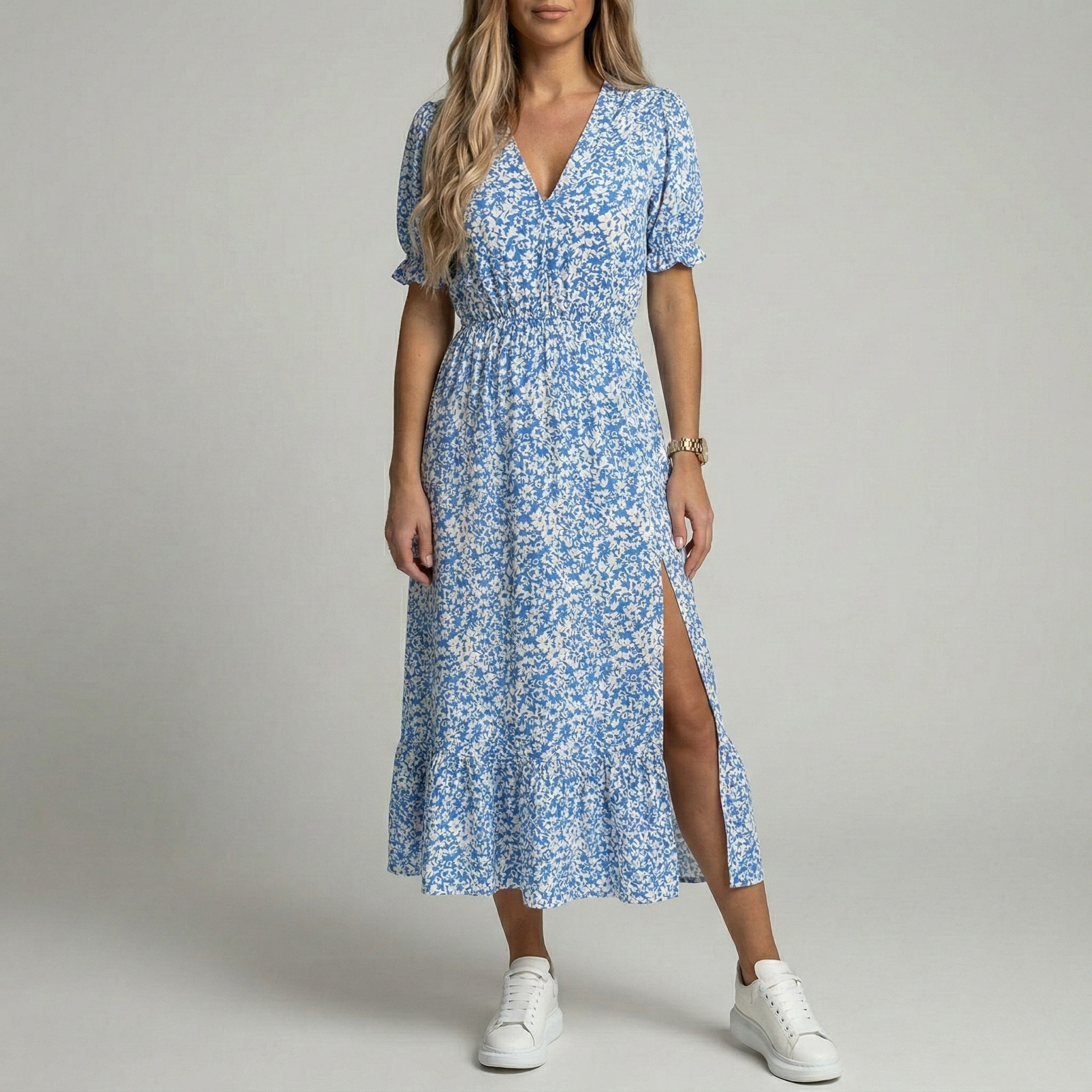 Robe midi d'été pour femmes avec imprimé floral et col en V