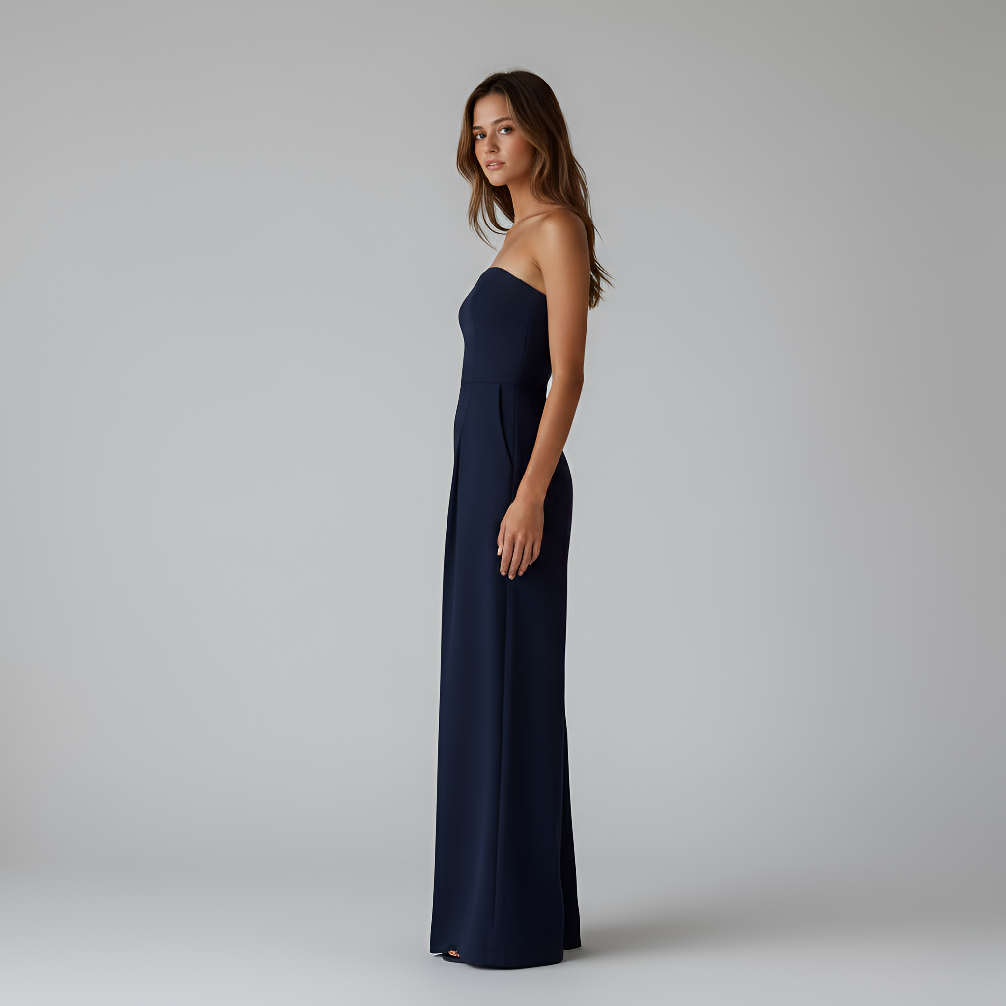 Mono de mujer sin tirantes, de pierna ancha con bolsillos, ajuste entallado