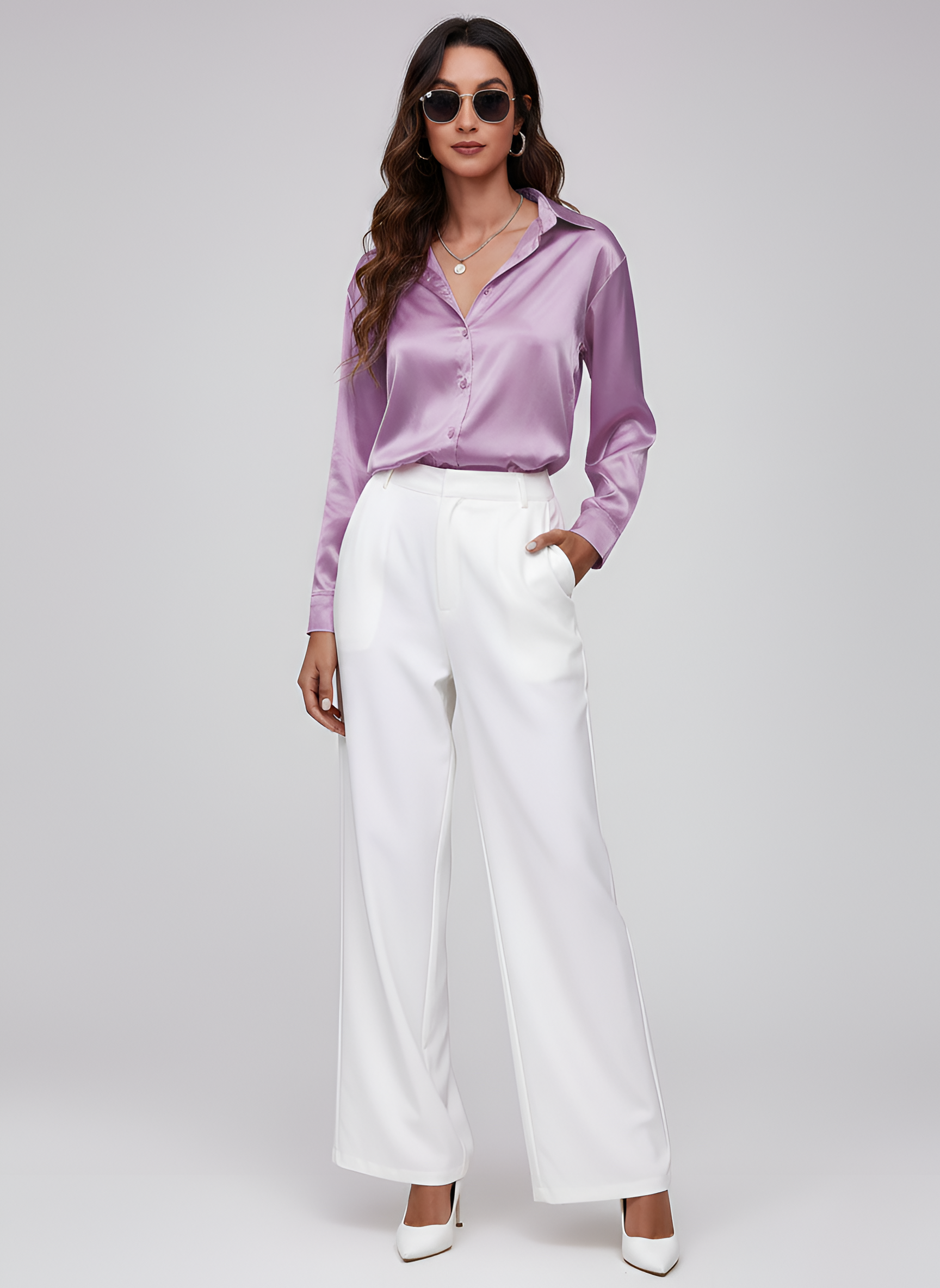 Γυναικεία μπλούζα από σατέν με δέσιμο μπροστά, μακρύ μανίκι και κουμπιά