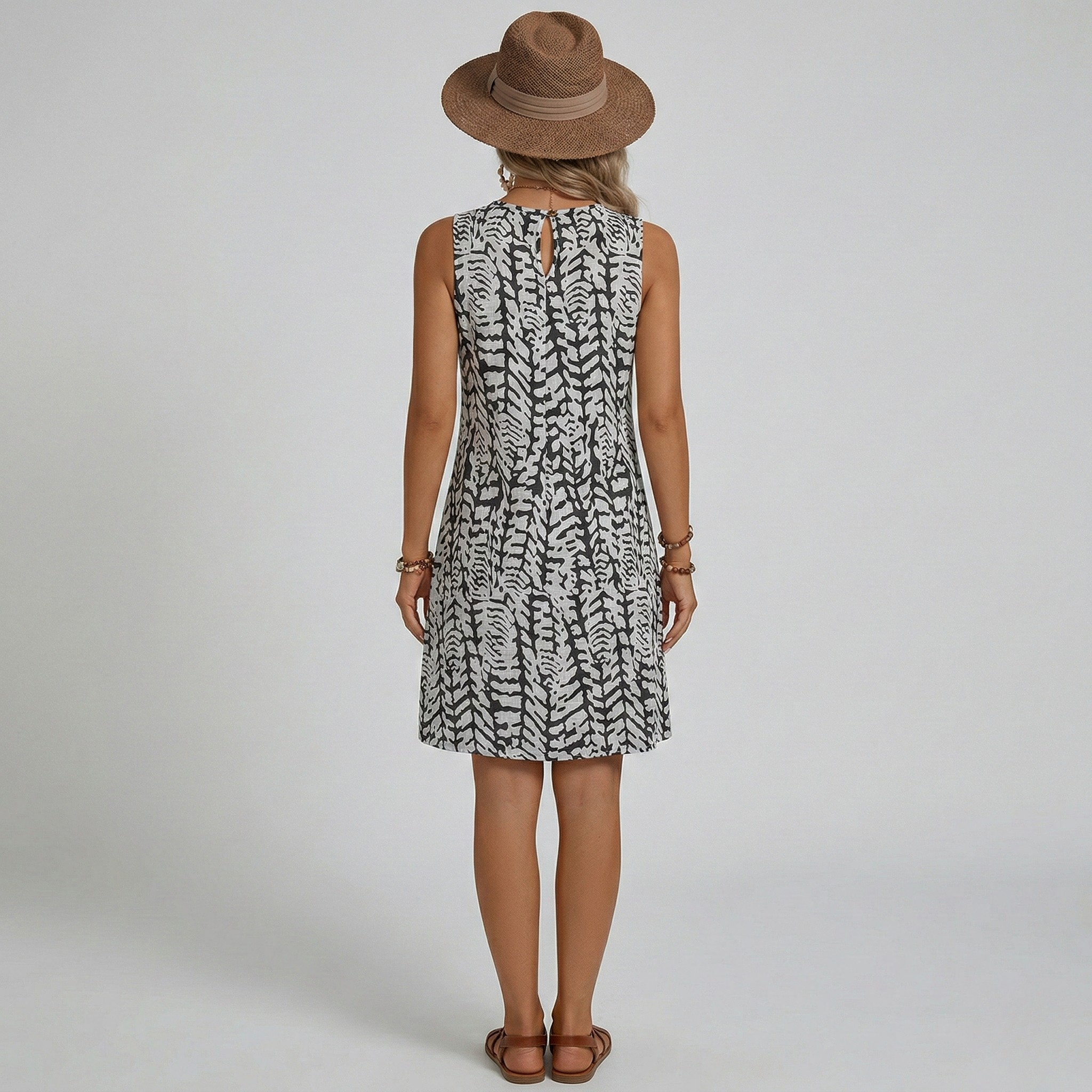 Dámské letní šaty bez rukávů s potiskem, kulatý výstřih, volnočasové áčkové mini šaty