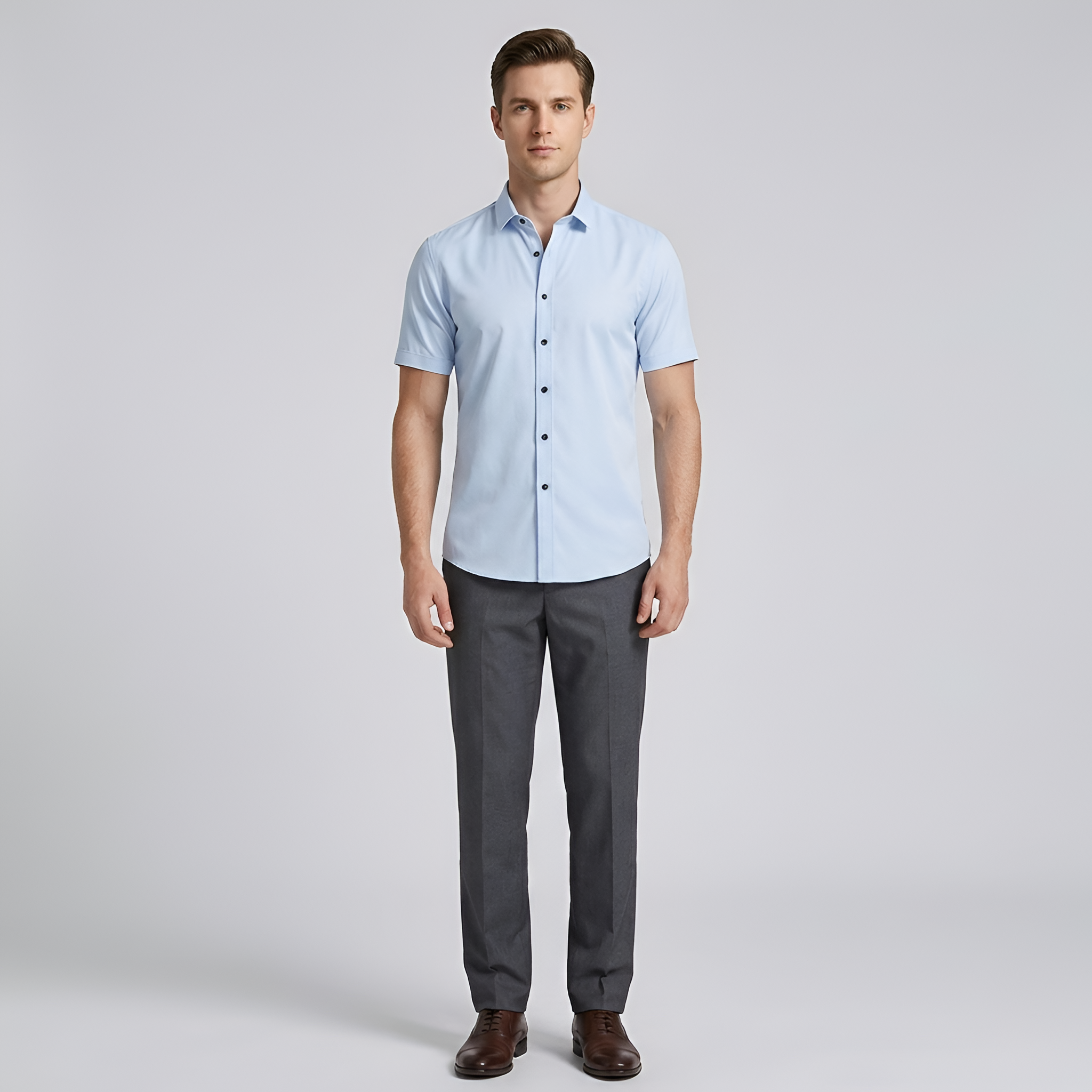Chemise habillée en coton pour homme, coupe ajustée, manches courtes, à boutons