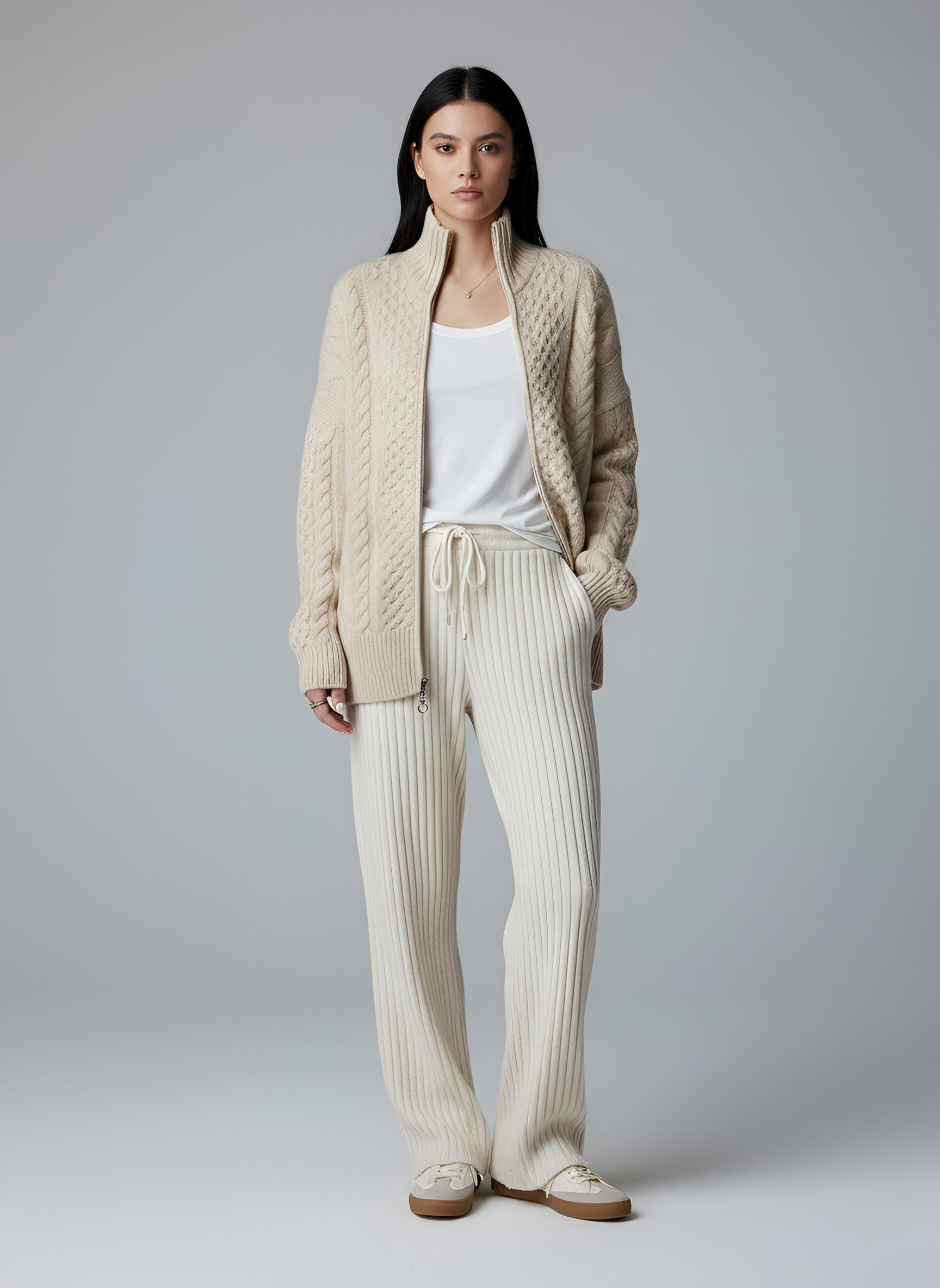 Women’s Cable Knit Zip Cardigan Wool Blend Sweater