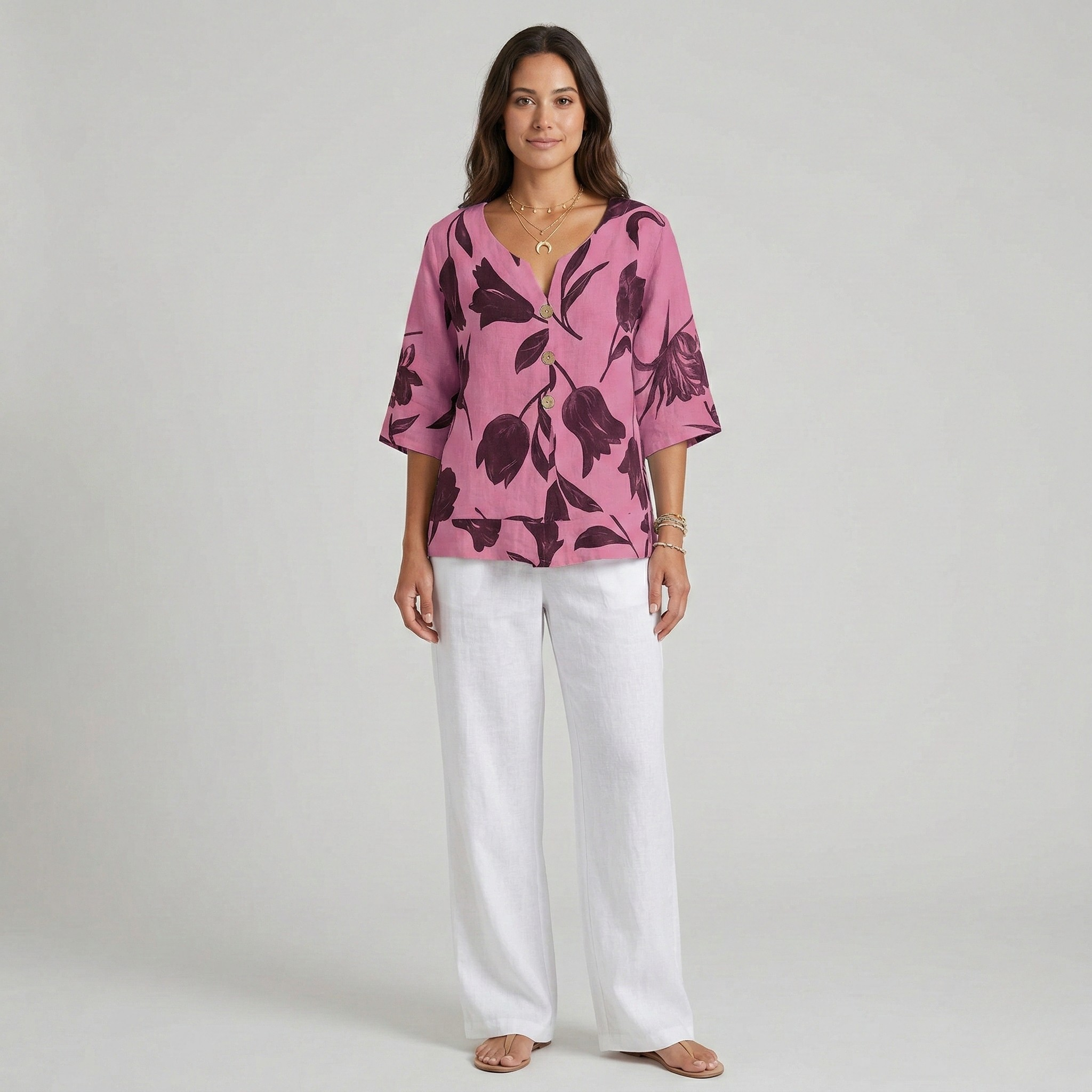 Women’s Cotton Linen Floral Print Blouse V-Neck Button Front Loose Fit Top