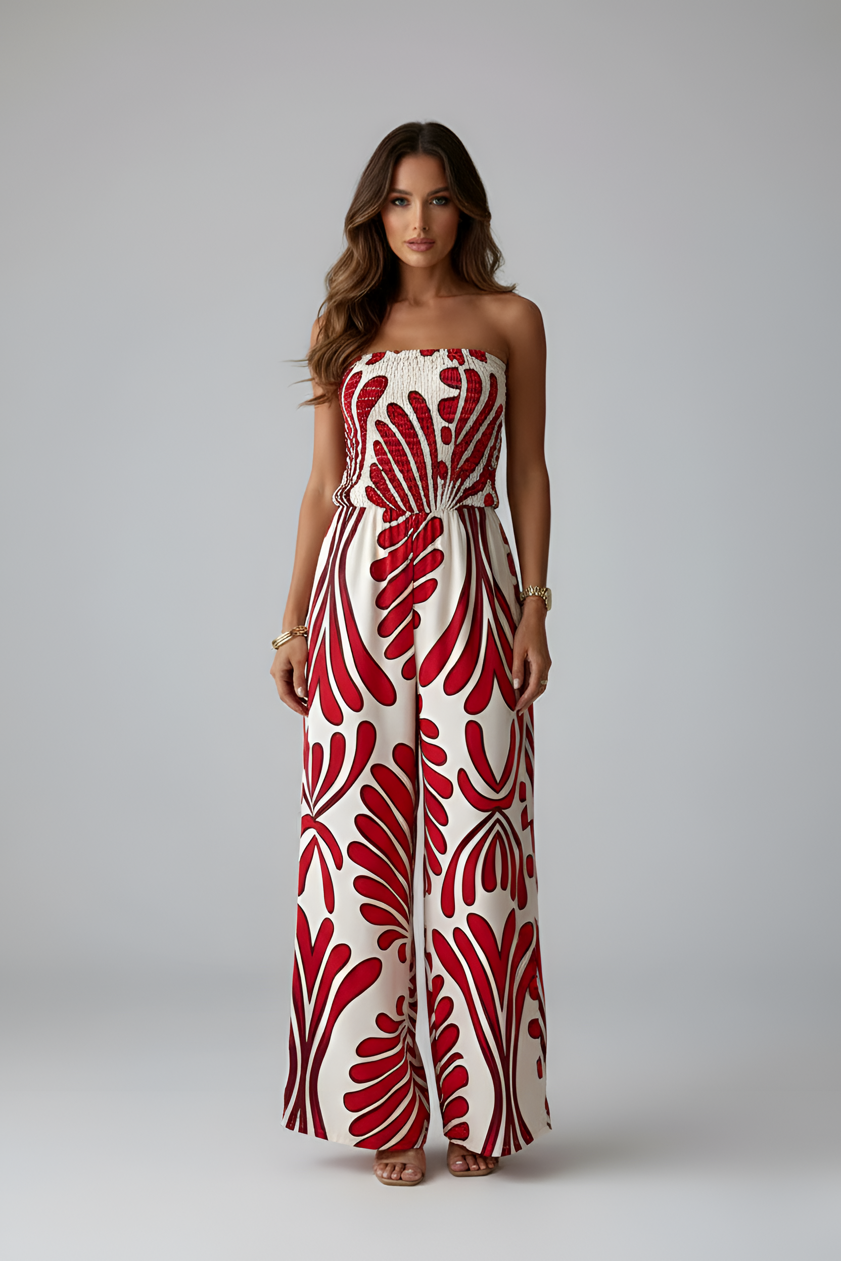 Women’s Strapless Wide Leg Jumpsuit with Smocked Bodice and Print
