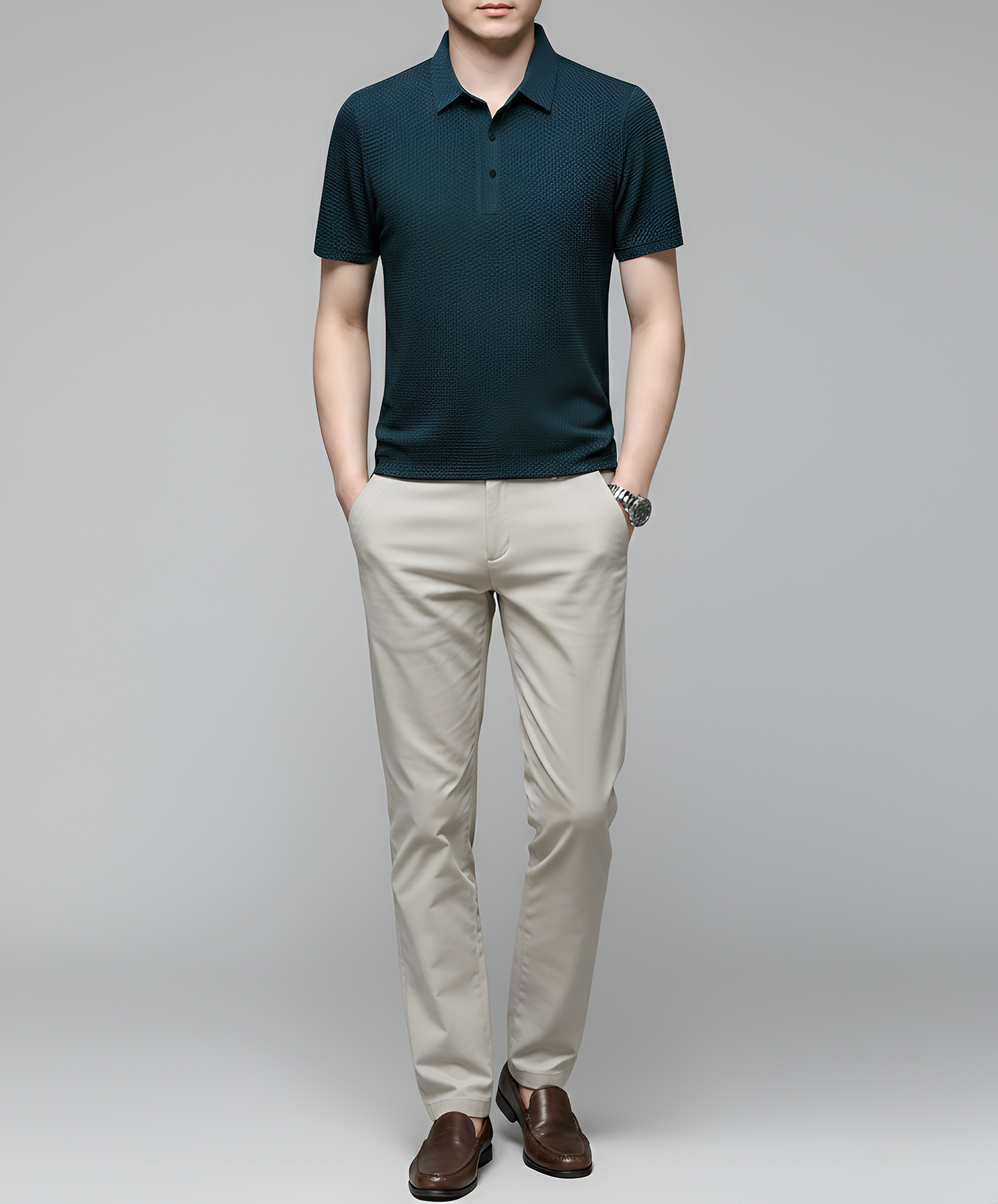 Camiseta tipo polo de punto texturizado para hombre, manga corta, mezcla de algodón, informal y elegante