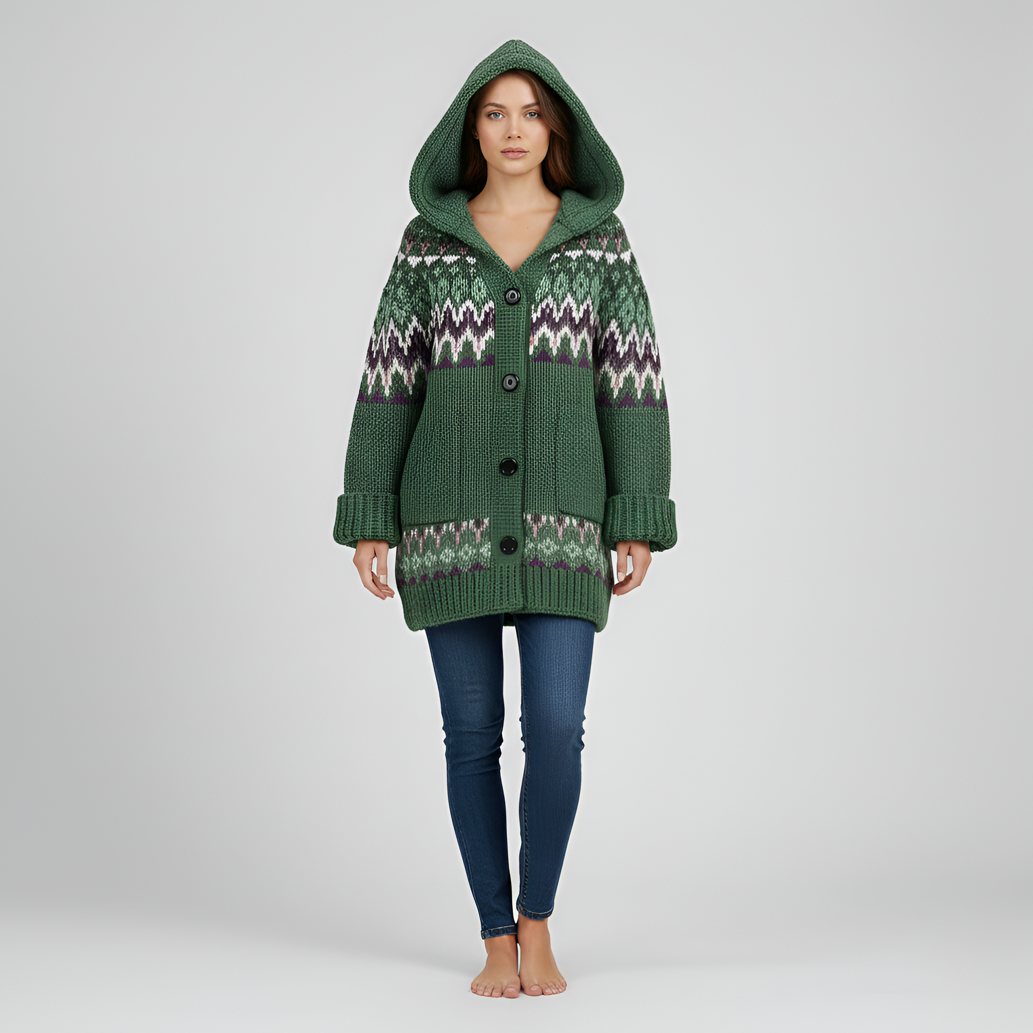 Cardigan gros tricotat cu glugă pentru femei, cu nasturi în față, pulover de iarnă