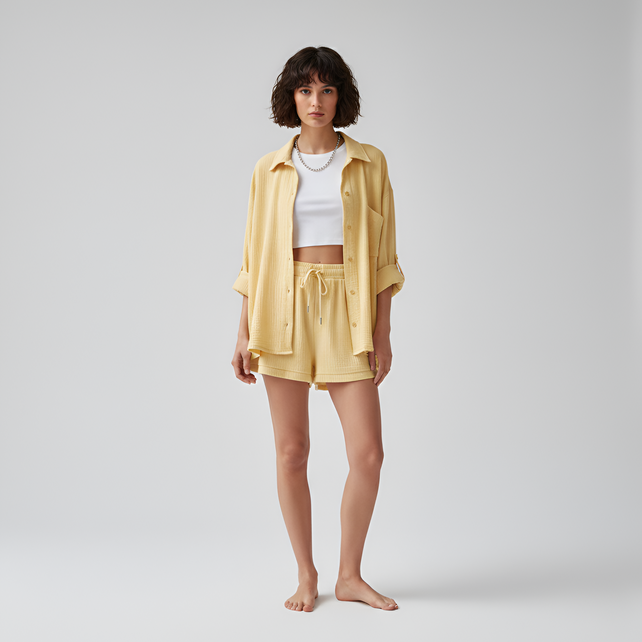 Women’s Cotton Shorts Set with Button Down Shirt and Drawstring Waist