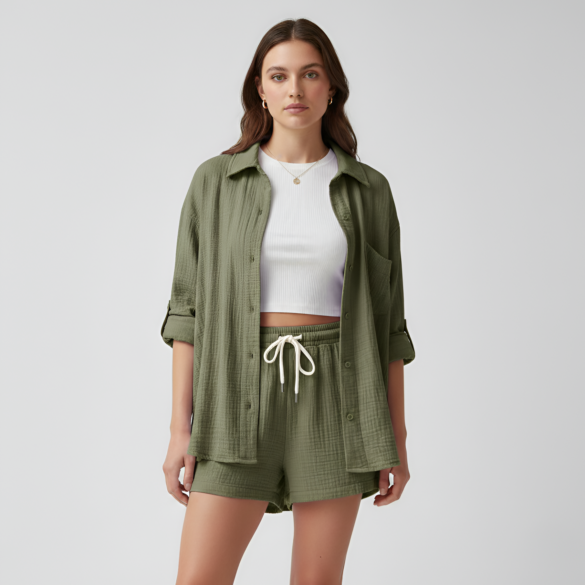 Women’s Cotton Shorts Set with Button Down Shirt and Drawstring Waist