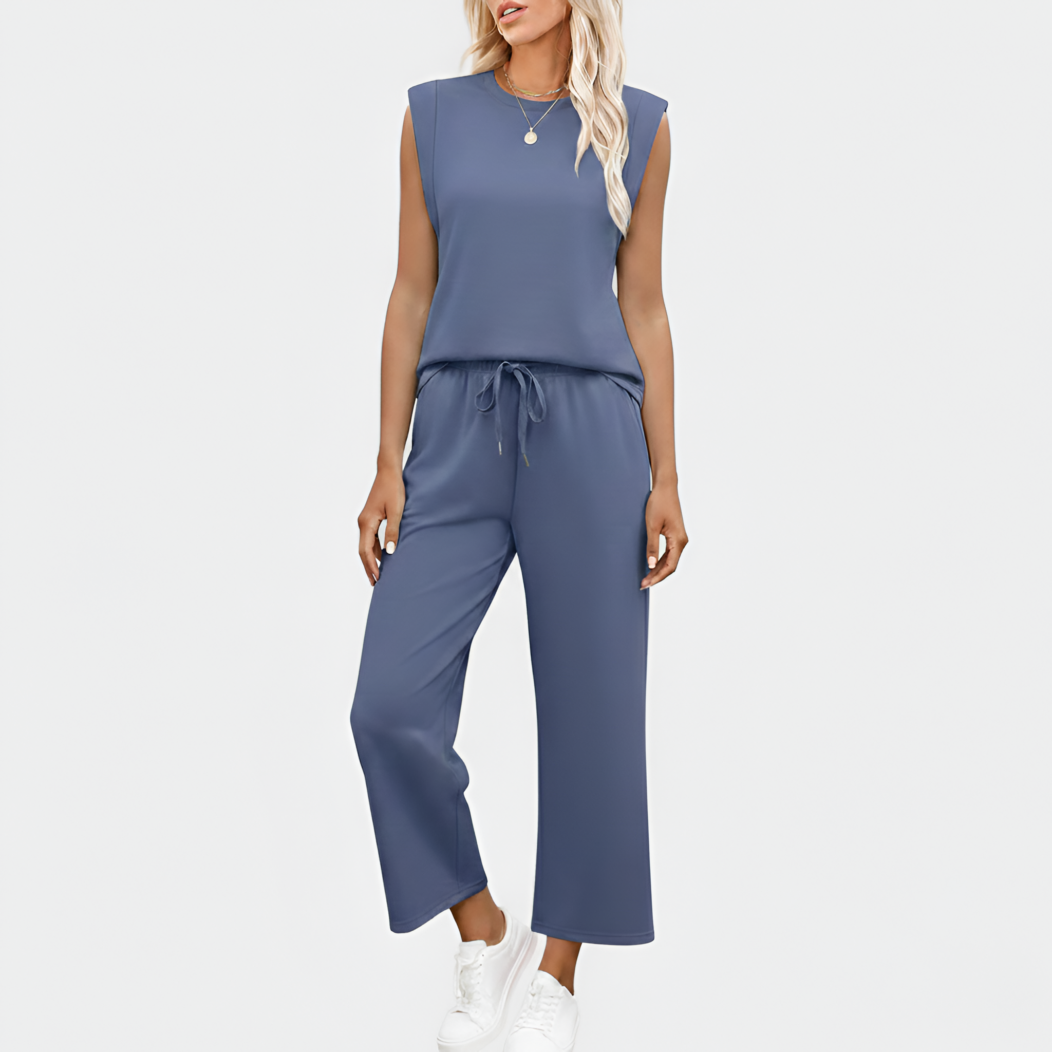 Ensemble détente deux pièces pour femme : haut sans manches et pantalon large