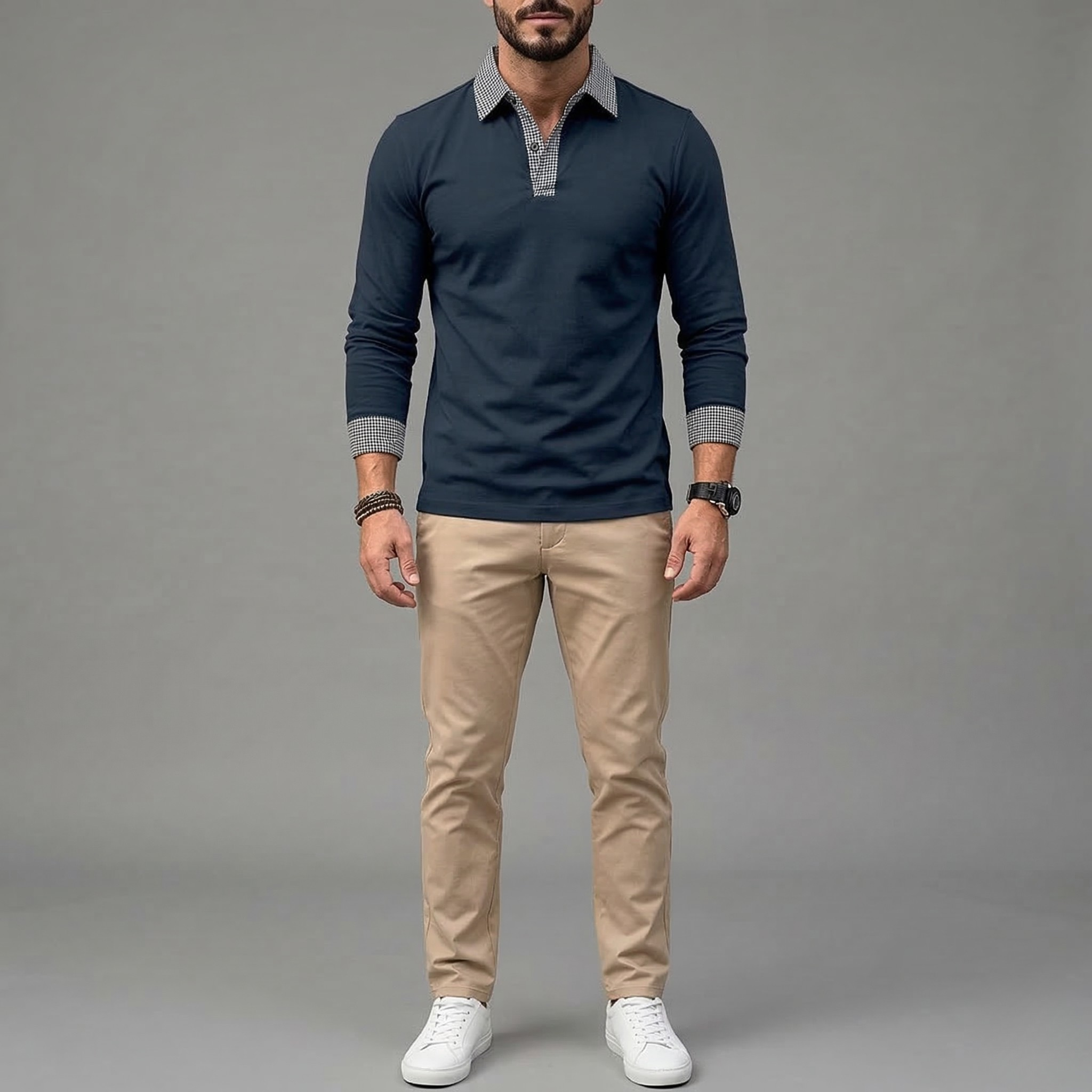 Herren Langarm-Poloshirt Baumwolle Freizeit Pullover mit Kragen