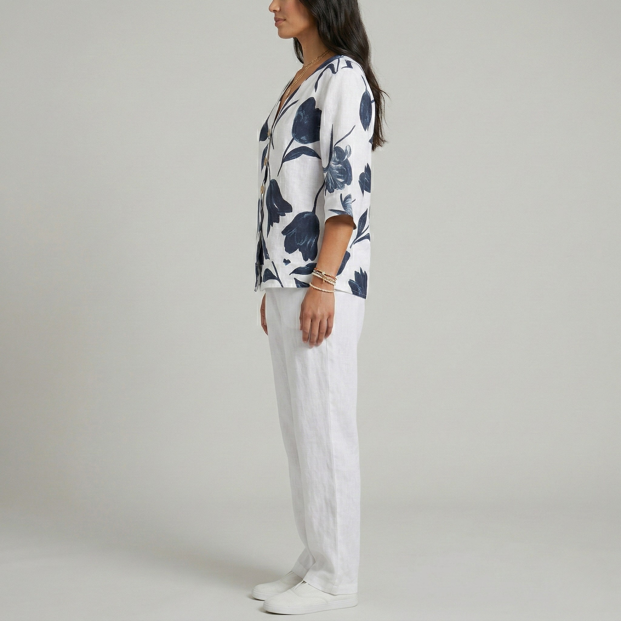 Women’s Cotton Linen Floral Print Blouse V-Neck Button Front Loose Fit Top