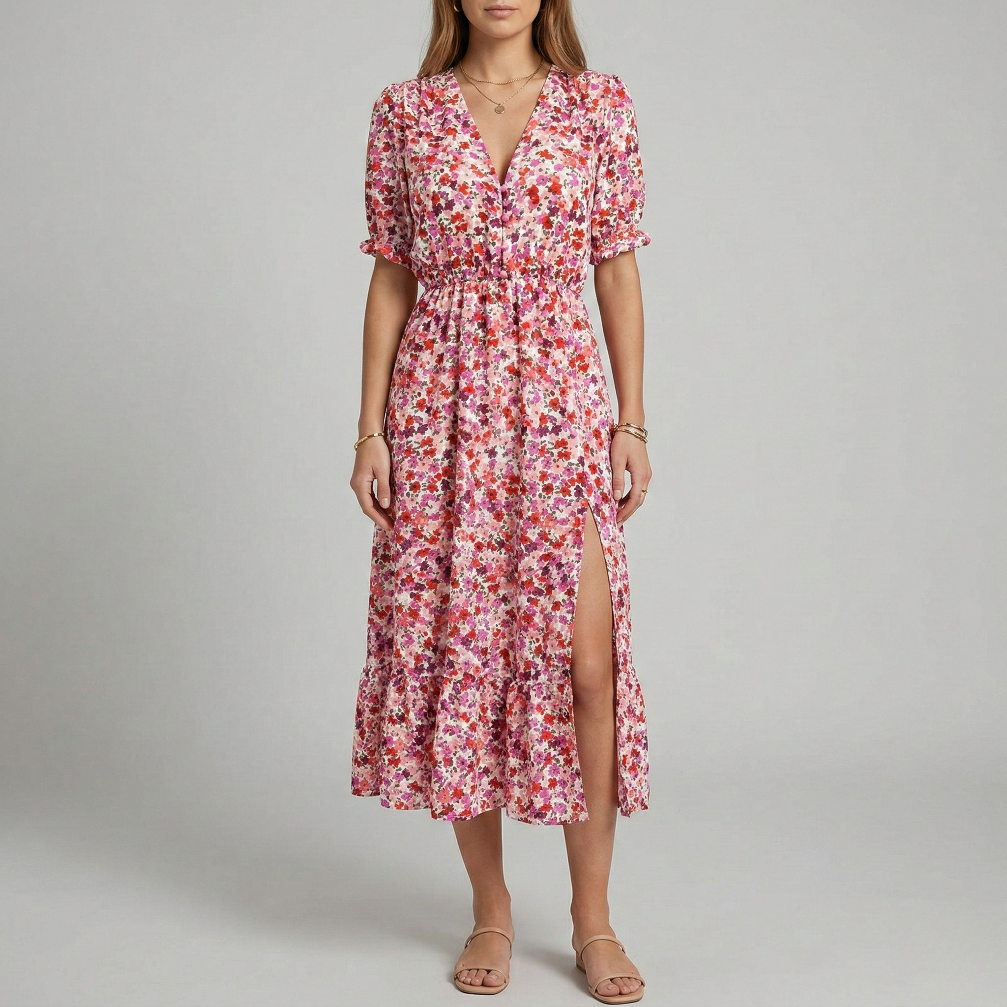 Robe midi d'été pour femmes avec imprimé floral et col en V