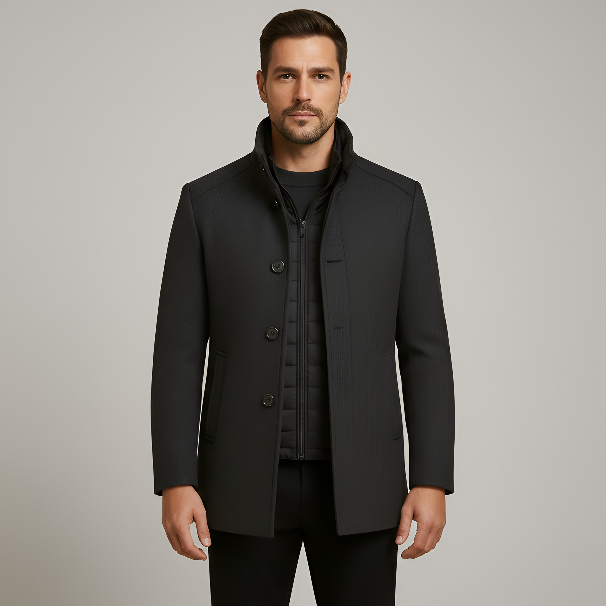 Men’s Wool Coat with Stand Collar Structured Fit Winter Outerwear